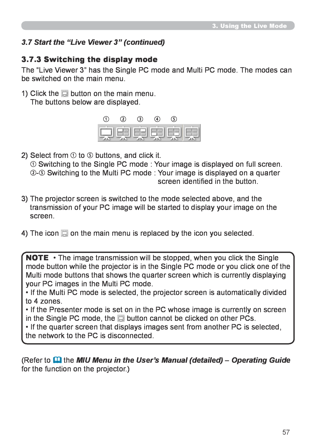 Hitachi CP-X267 user manual Switching the display mode, Start the “Live Viewer 3” continued 