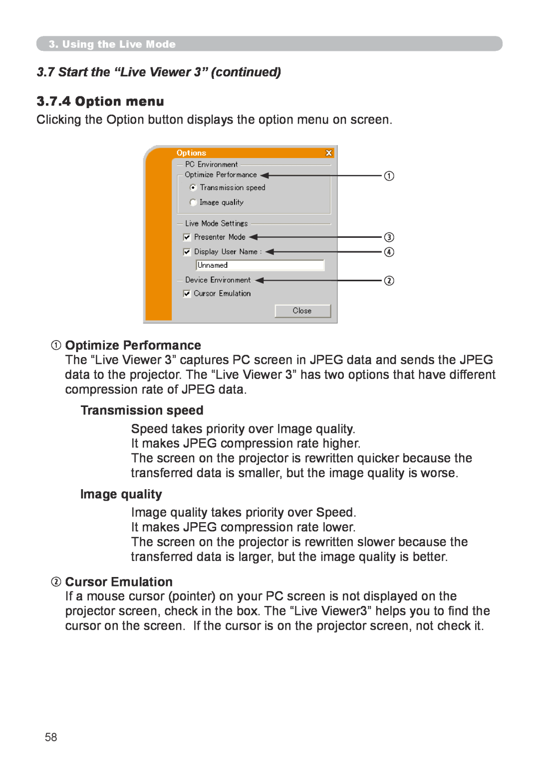 Hitachi CP-X267 user manual Option menu, qOptimize Performance, Transmission speed, Image quality, wCursor Emulation 