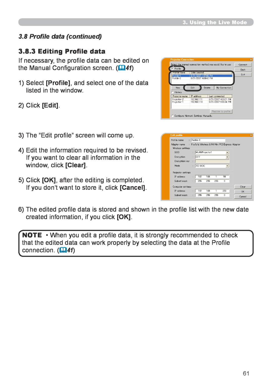 Hitachi CP-X267 user manual Profile data continued, Editing Profile data 