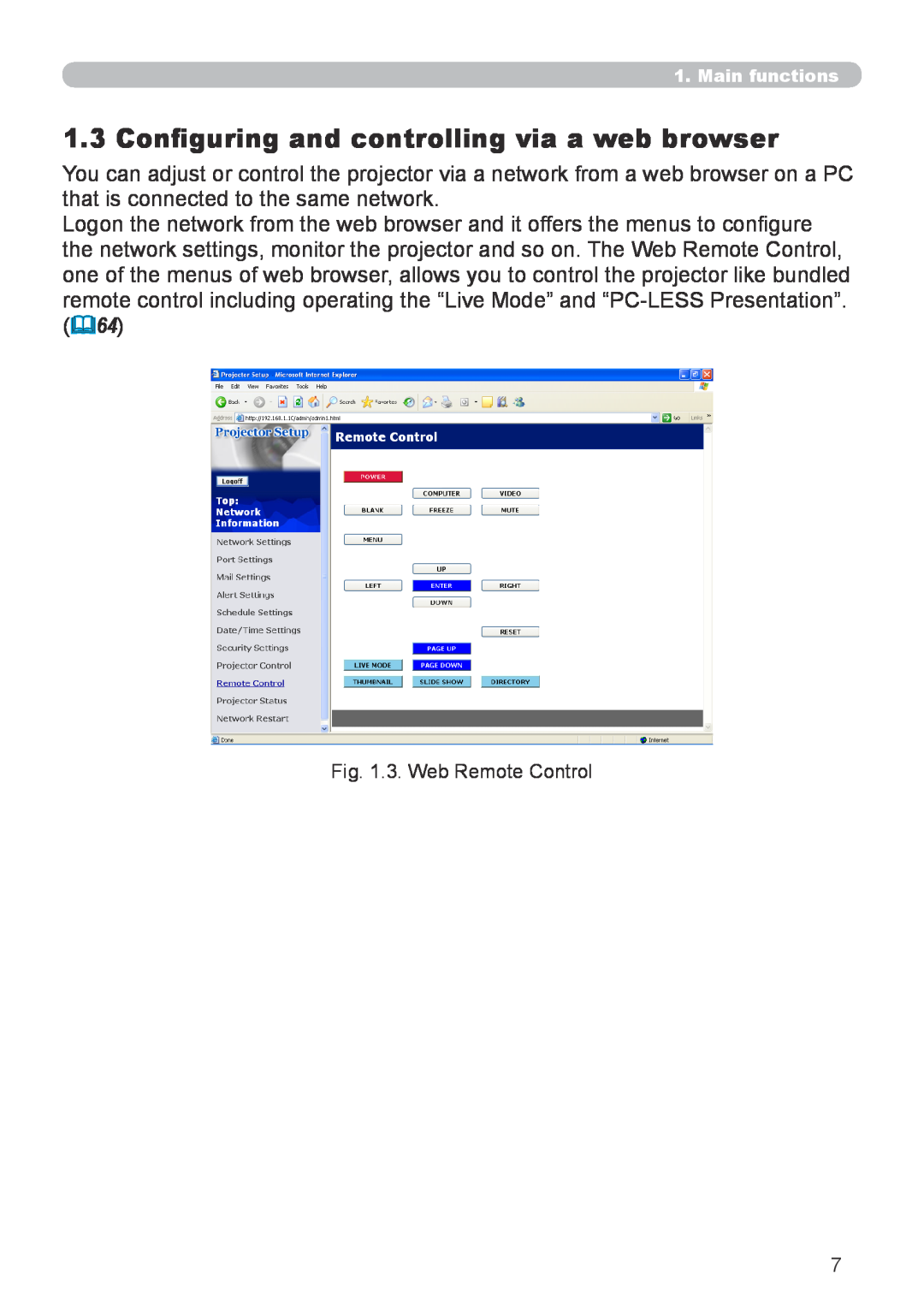 Hitachi CP-X267 user manual Configuring and controlling via a web browser, 3. Web Remote Control 