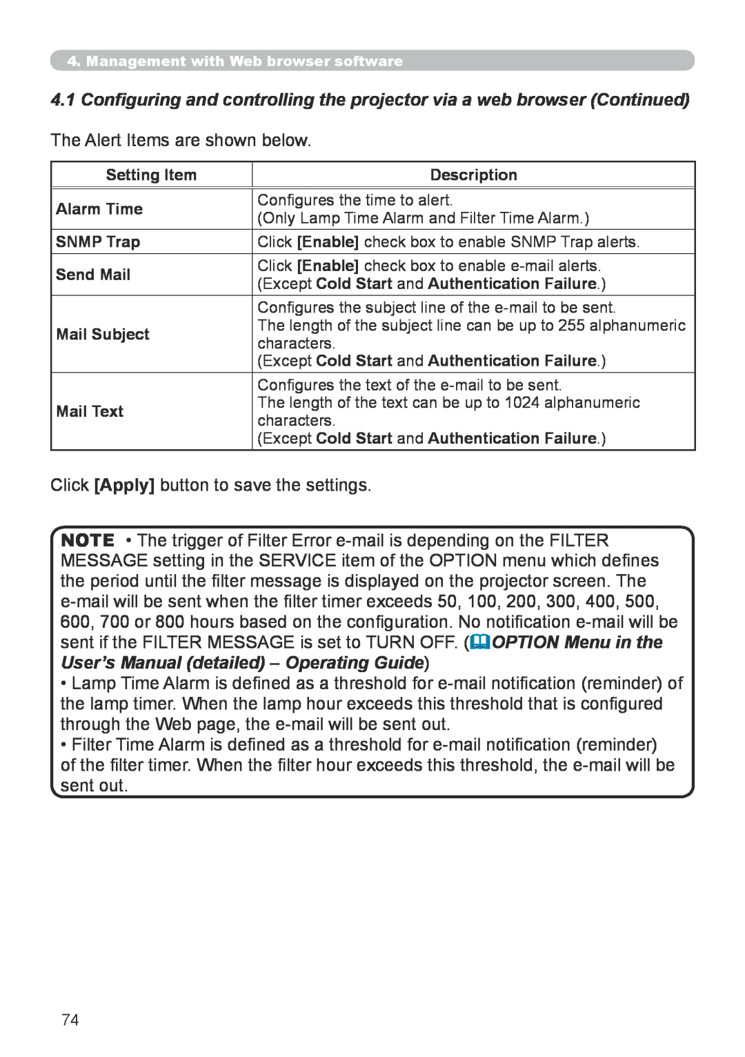 Hitachi CP-X267 user manual The Alert Items are shown below 