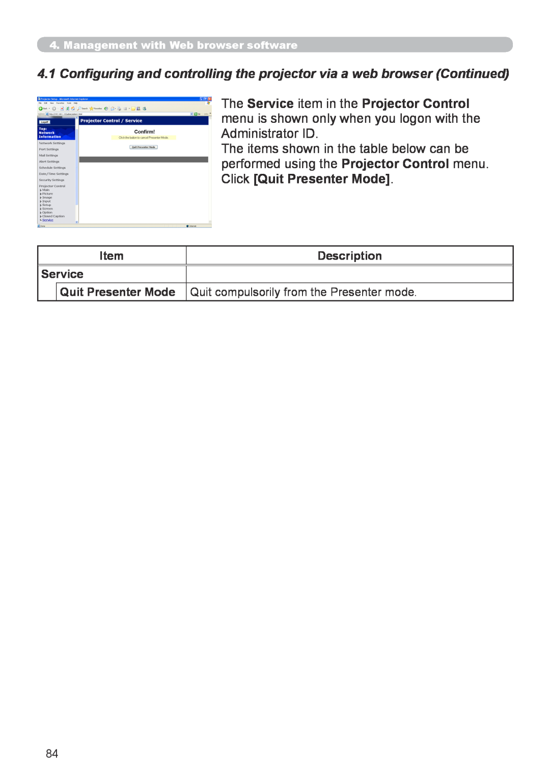 Hitachi CP-X267 user manual Item, Description, Service, Management with Web browser software 
