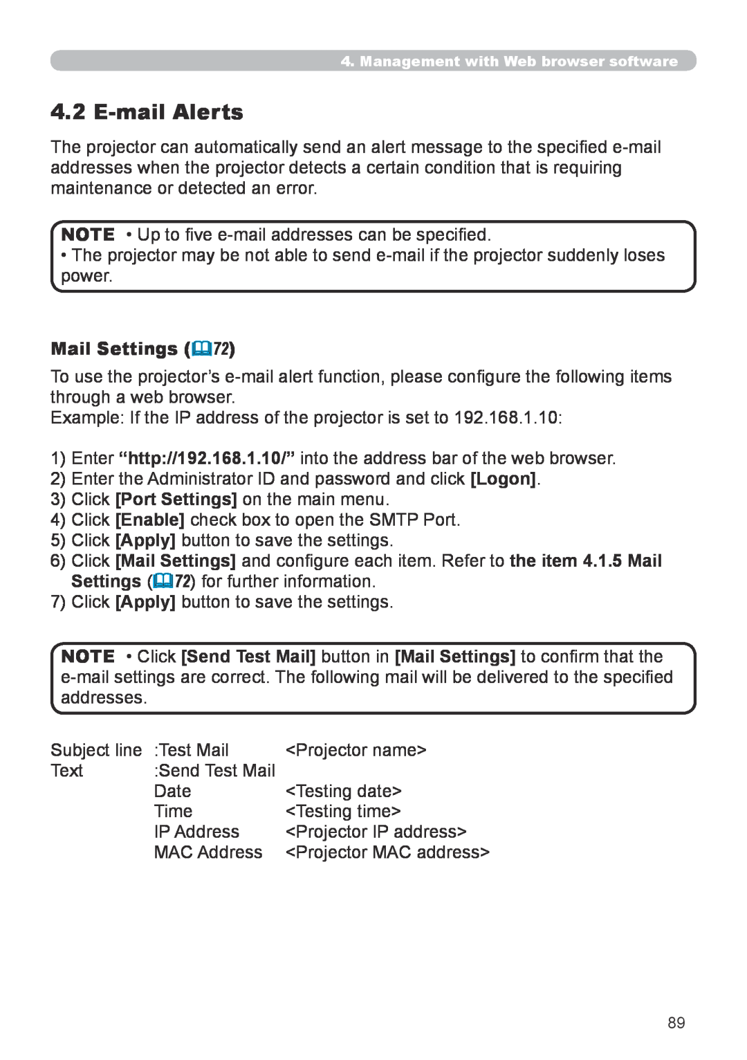 Hitachi CP-X267 user manual E-mailAlerts, Mail Settings 72 