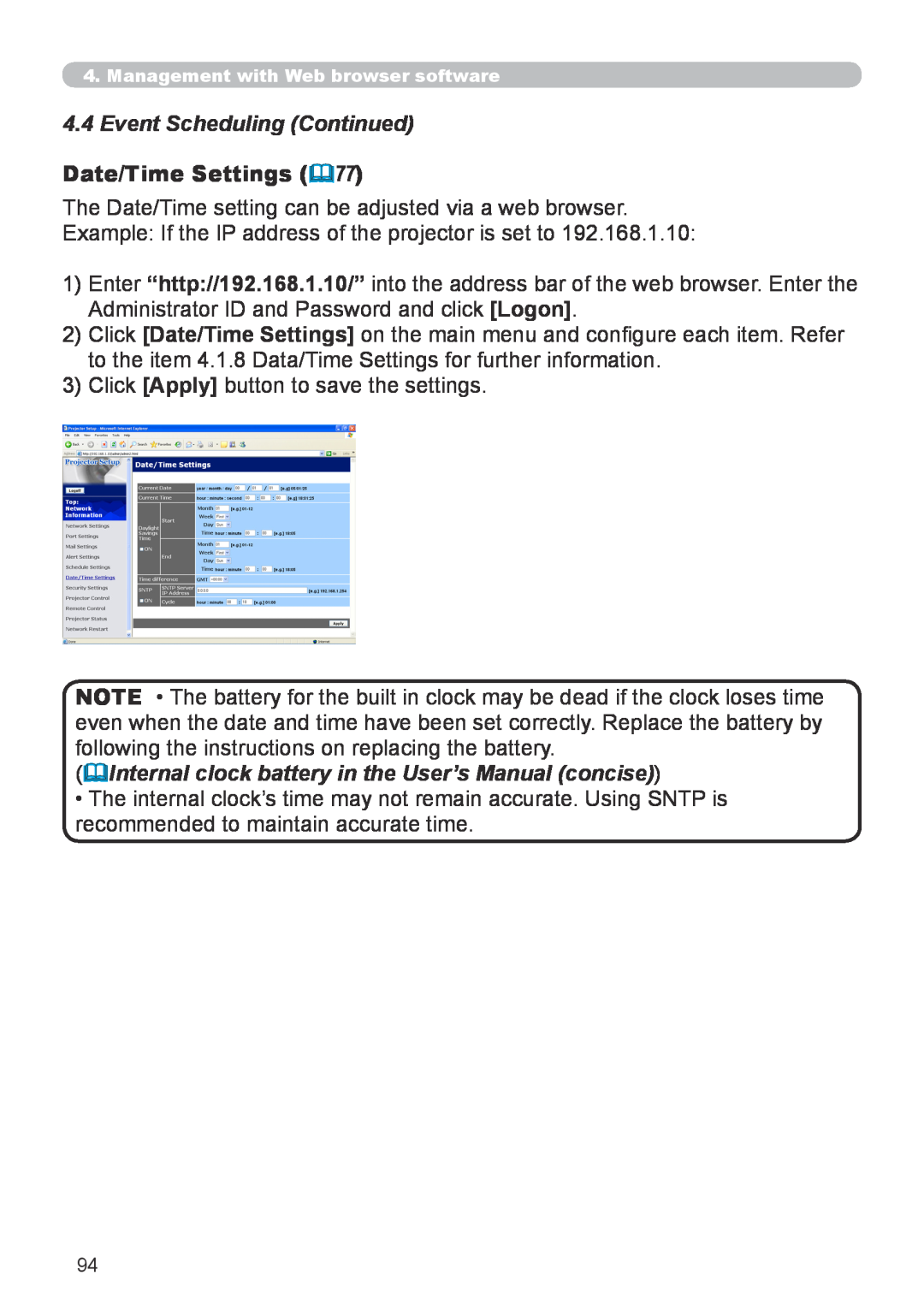 Hitachi CP-X267 user manual 4.4Event Scheduling Continued, Date/Time Settings 77 