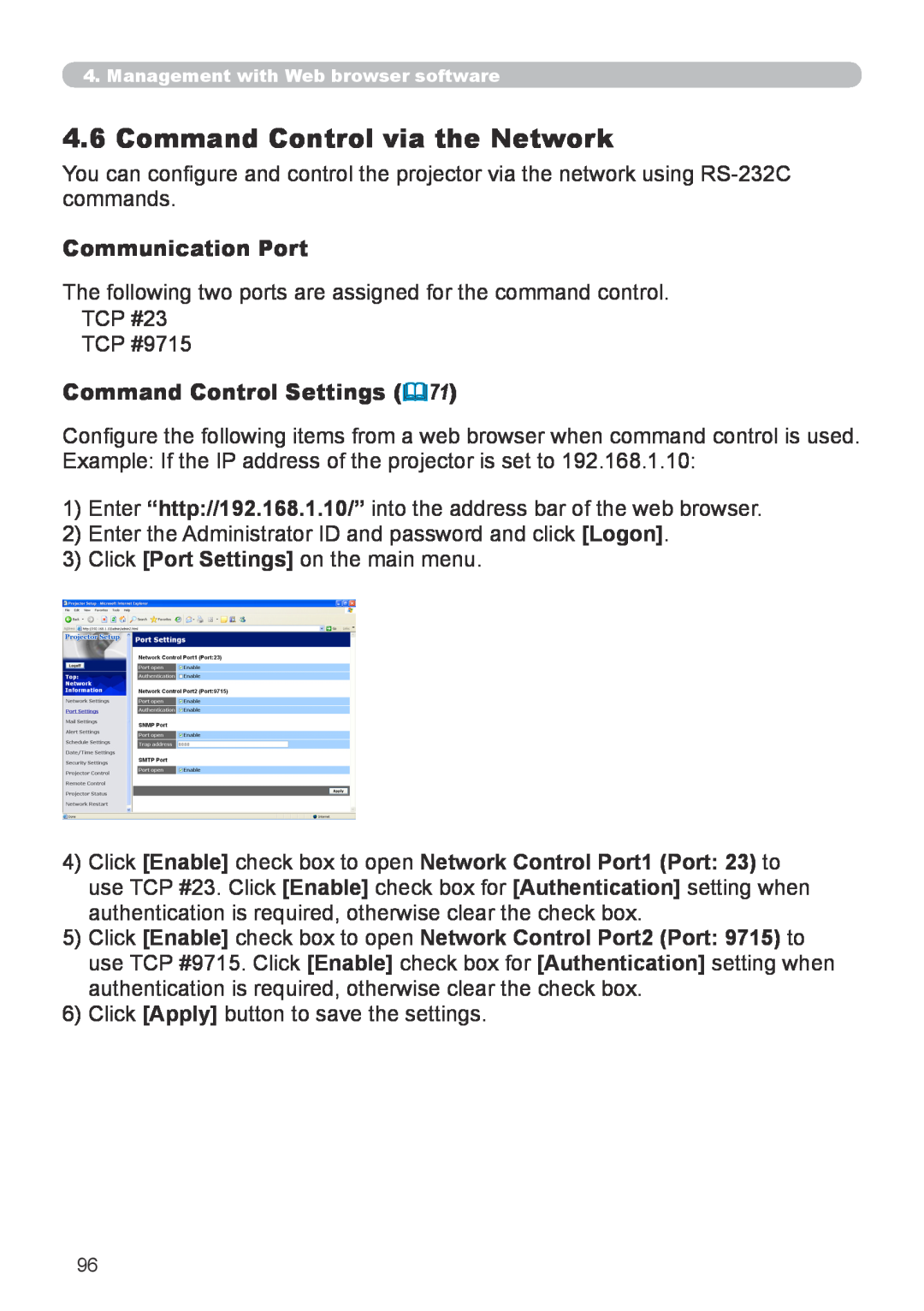 Hitachi CP-X267 user manual Command Control via the Network, Communication Port, Command Control Settings 71 