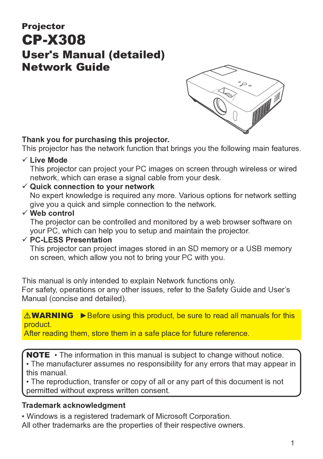 Hitachi CP-X267 user manual Thank you for purchasing this projector, Live Mode, Quick connection to your network 