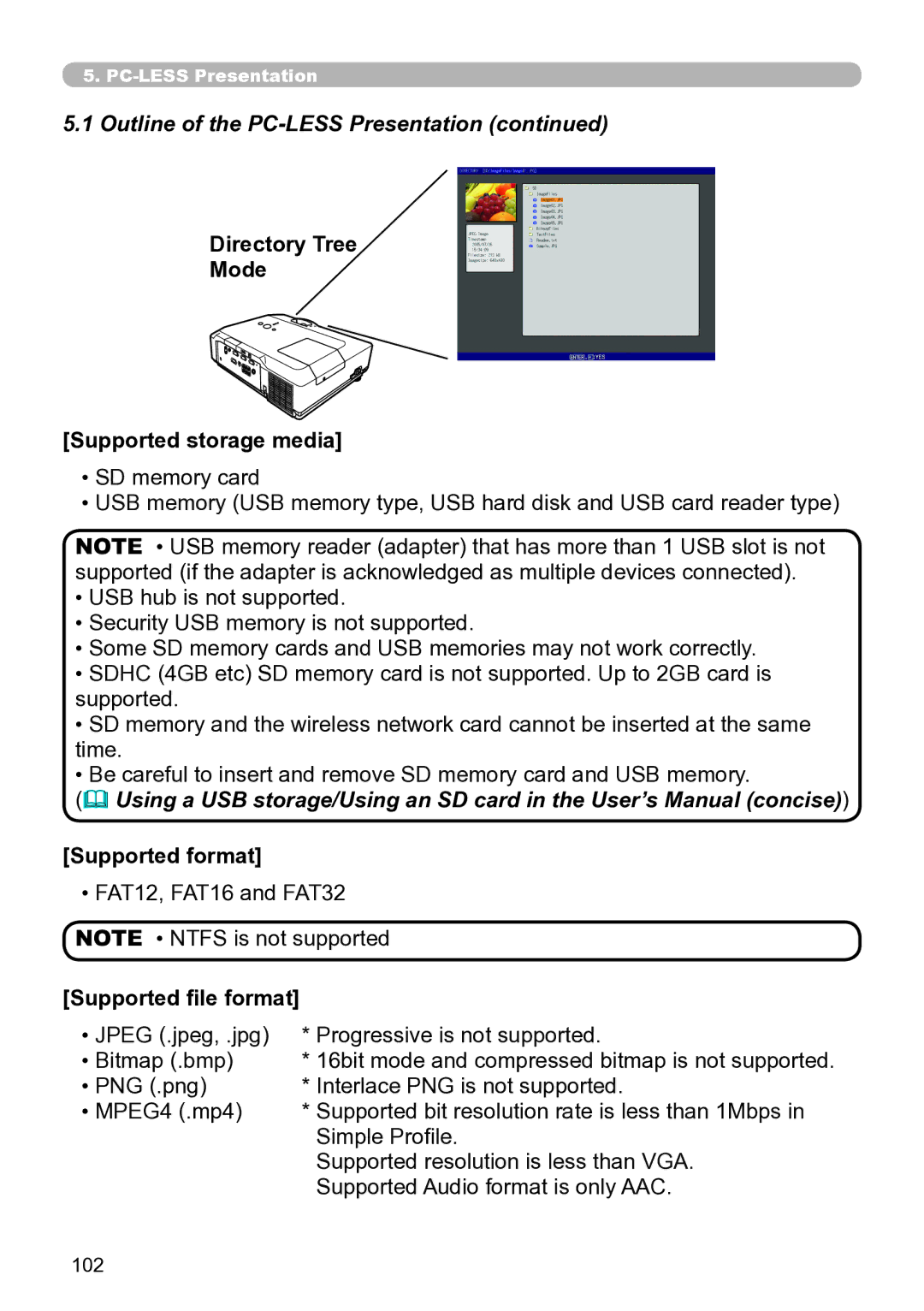 Hitachi CP-X267 Outline of the PC-LESS Presentation, Directory Tree Mode Supported storage media, Supported format 