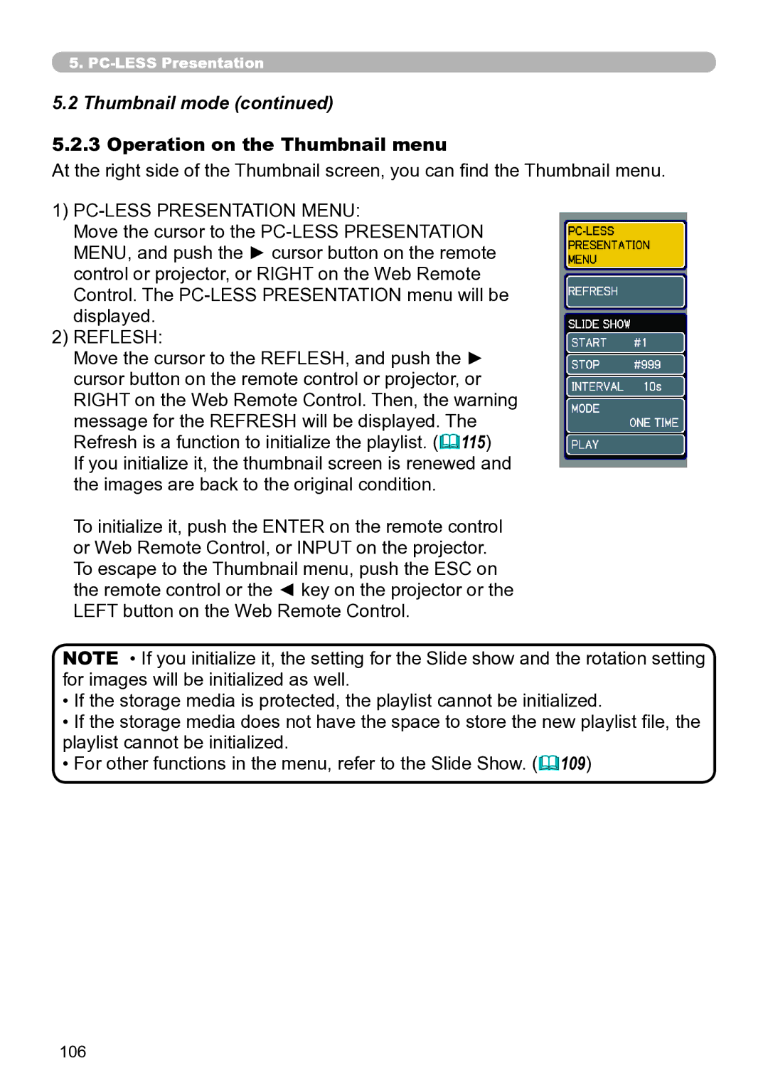 Hitachi CP-X267 user manual Operation on the Thumbnail menu, PC-LESS Presentation Menu 