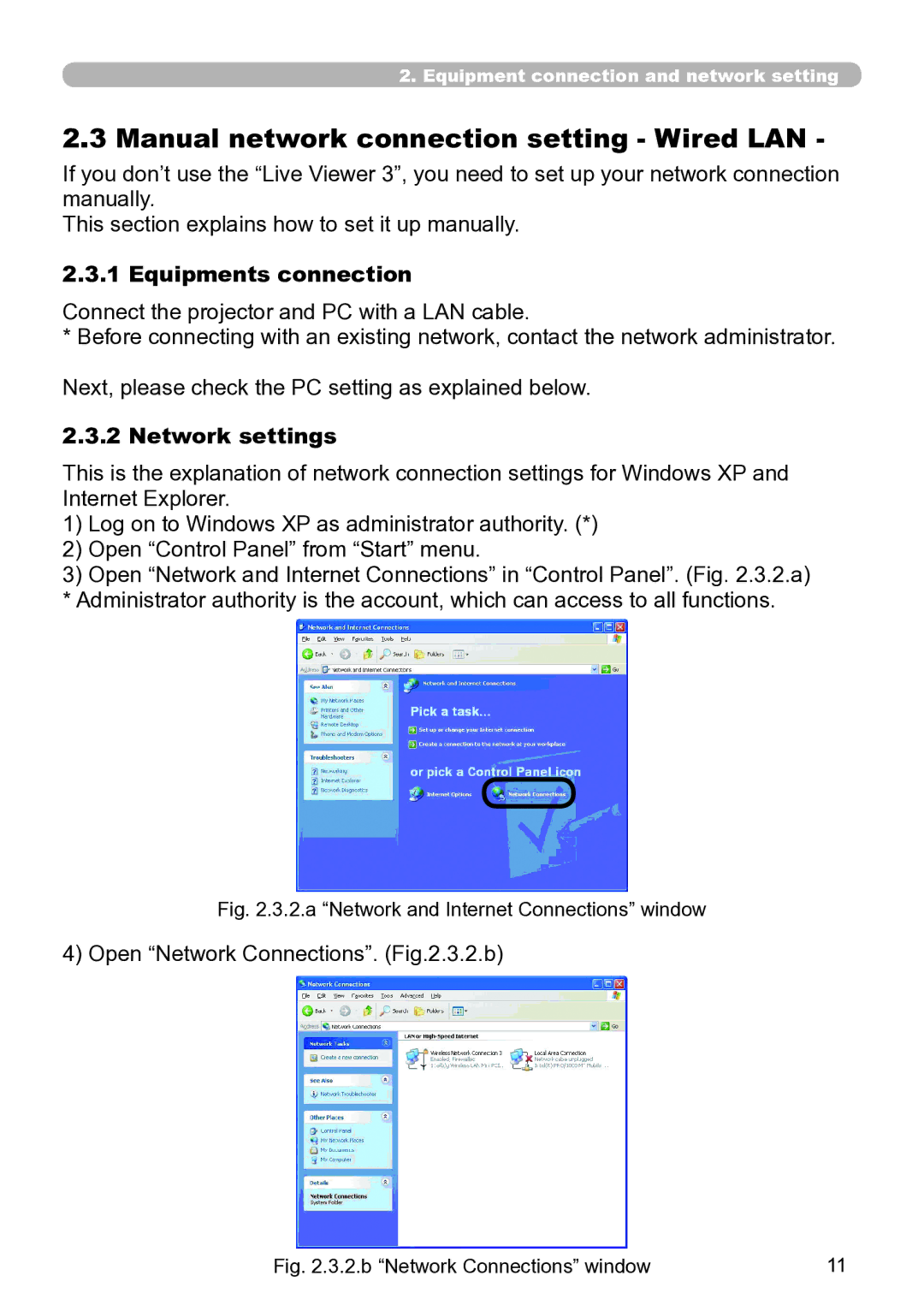 Hitachi CP-X267 user manual Manual network connection setting Wired LAN, Equipments connection, Network settings 