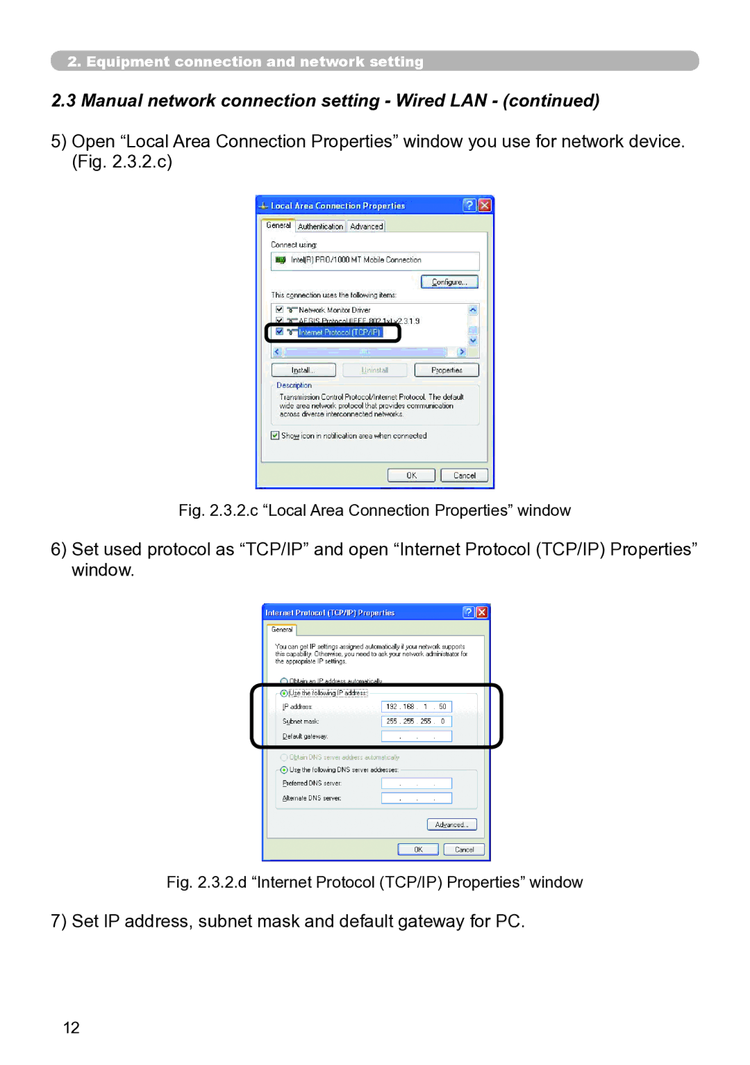 Hitachi CP-X267 Manual network connection setting Wired LAN, Set IP address, subnet mask and default gateway for PC 