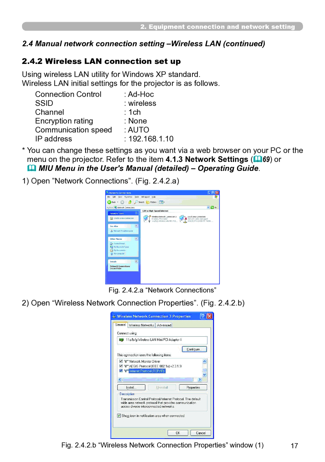 Hitachi CP-X267 user manual Manual network connection setting -Wireless LAN, Wireless LAN connection set up 