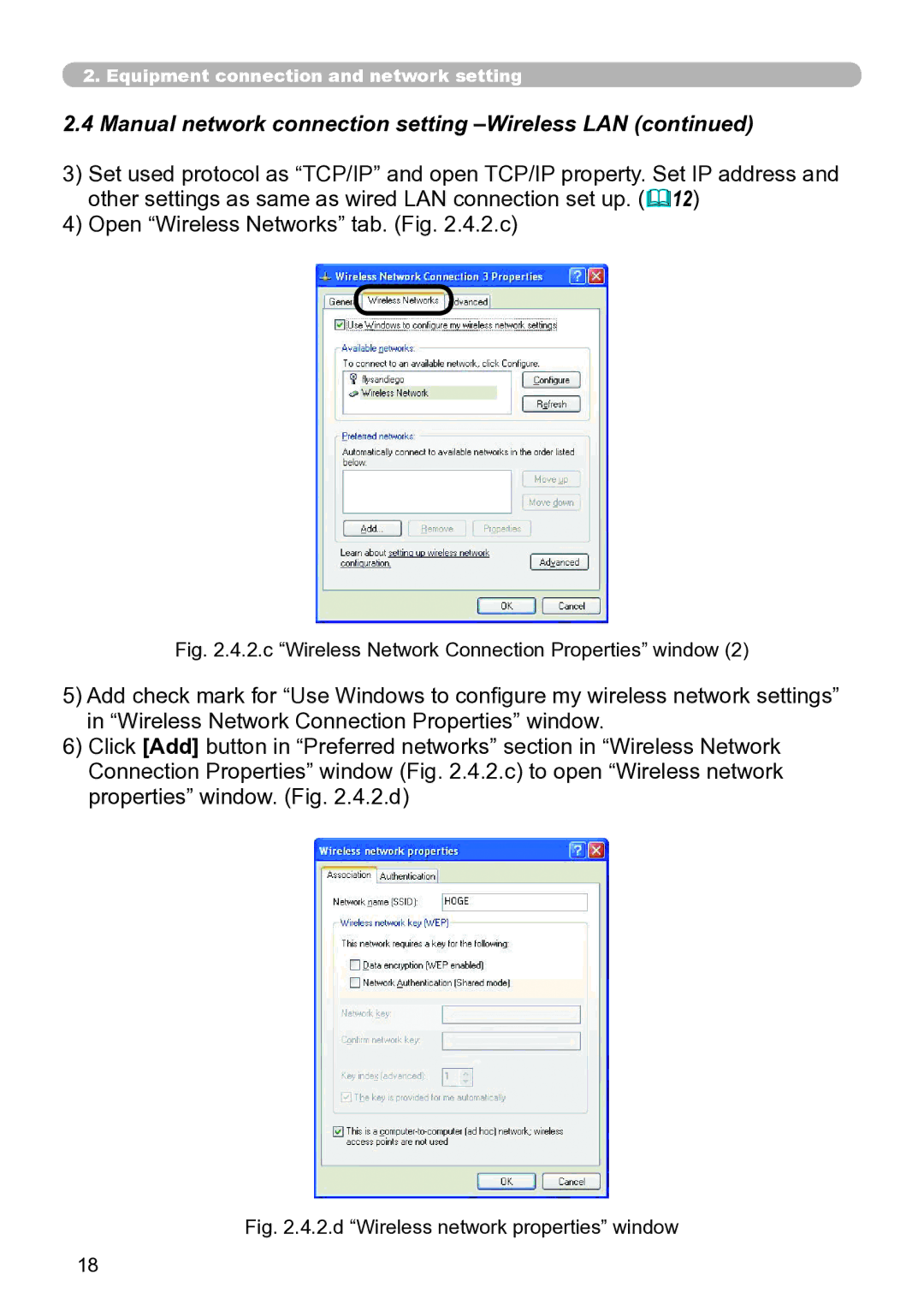 Hitachi CP-X267 user manual c Wireless Network Connection Properties window 