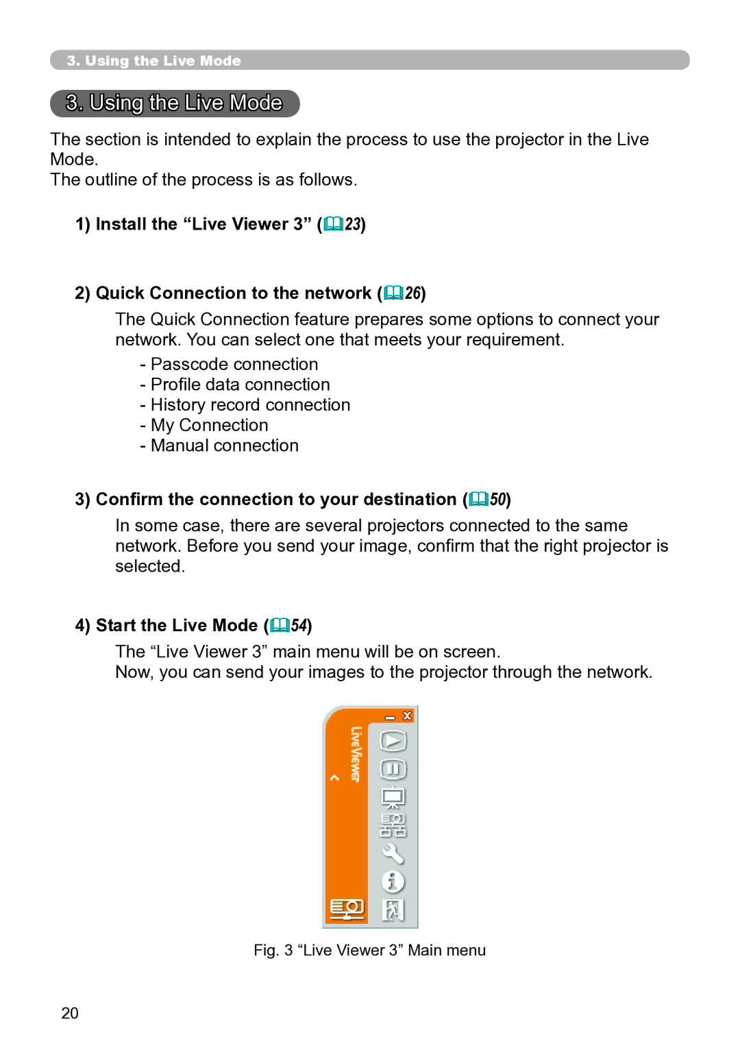 Hitachi CP-X267 user manual Confirm the connection to your destination &50, Start the Live Mode &54 