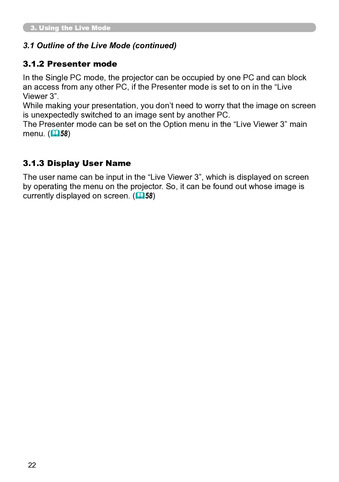 Hitachi CP-X267 user manual Outline of the Live Mode, Presenter mode, Display User Name 