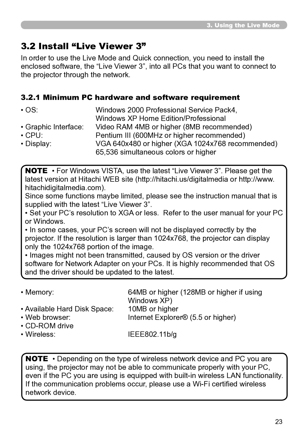 Hitachi CP-X267 Install Live Viewer, Minimum PC hardware and software requirement, Windows 2000 Professional Service Pack4 