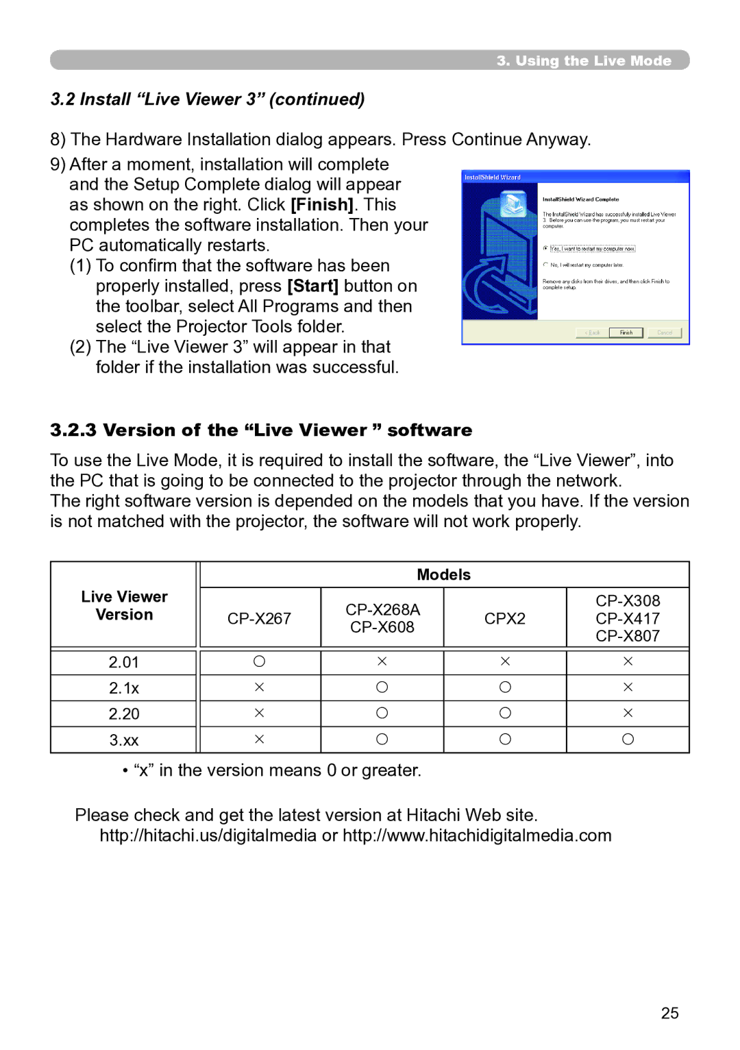 Hitachi CP-X267 user manual Version of the Live Viewer software, Version means 0 or greater, Models Live Viewer 