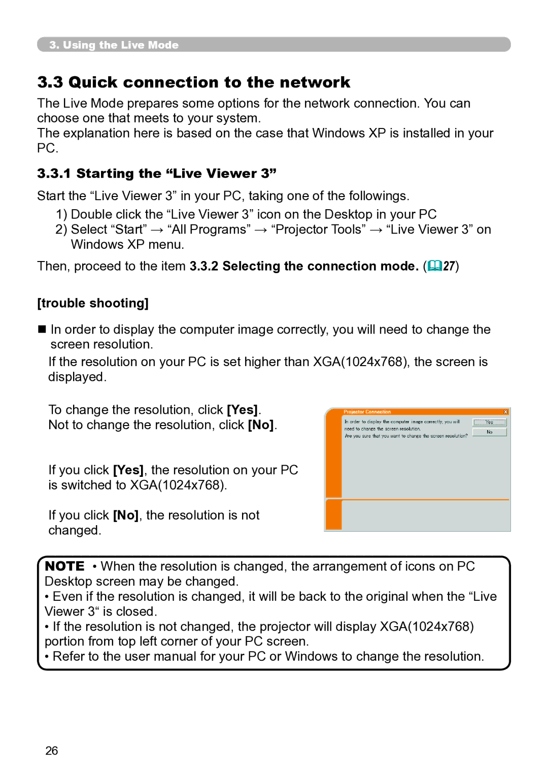 Hitachi CP-X267 user manual Quick connection to the network, Starting the Live Viewer 