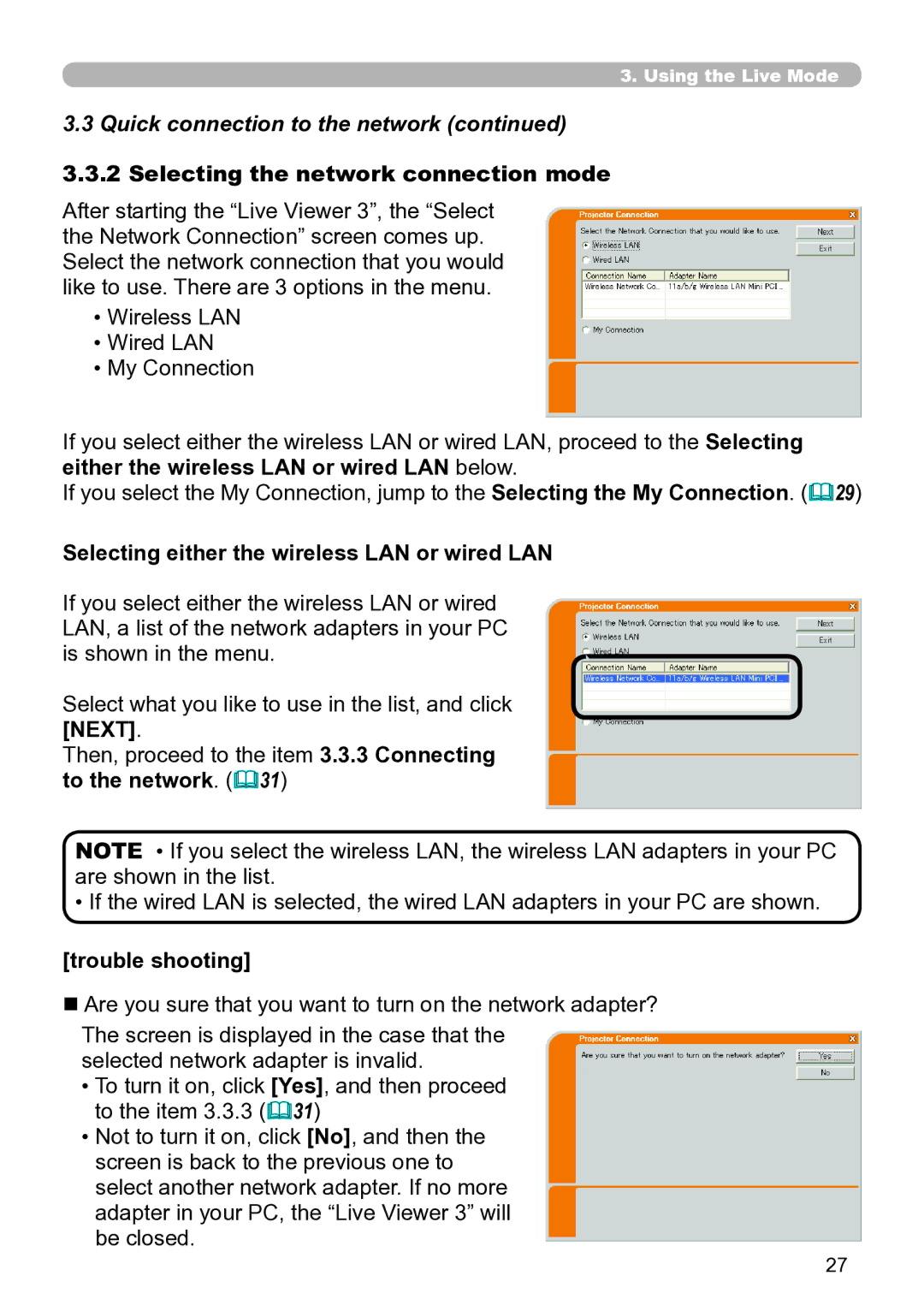 Hitachi CP-X267 user manual Quick connection to the network, Selecting the network connection mode 