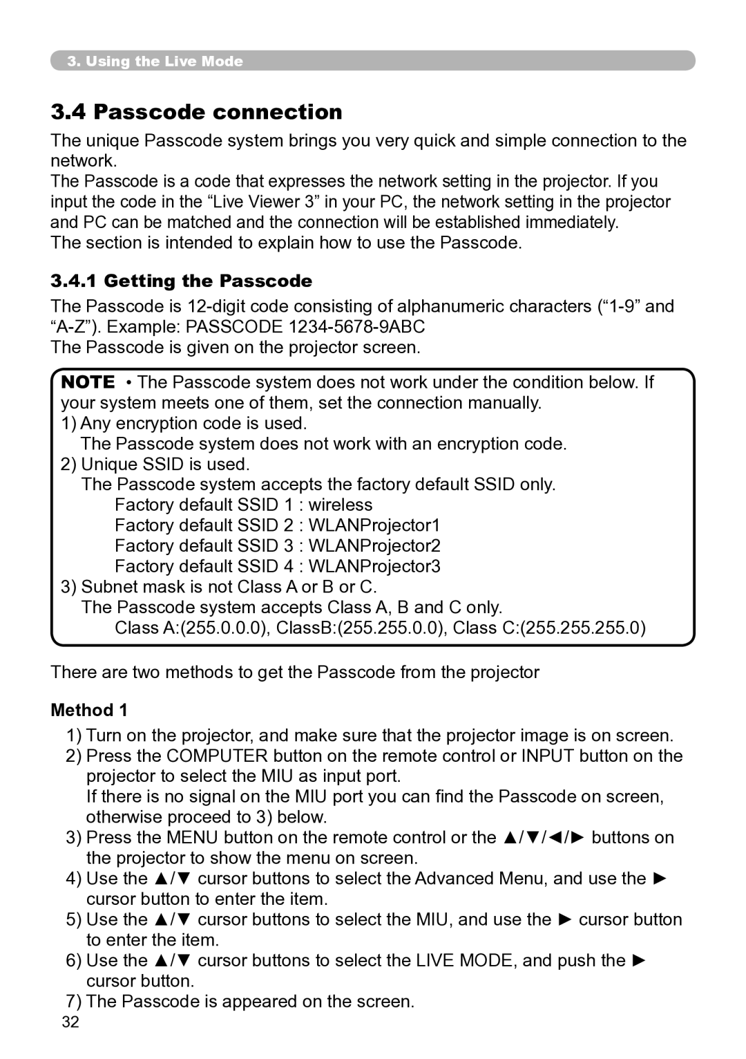 Hitachi CP-X267 Passcode connection, Section is intended to explain how to use the Passcode, Getting the Passcode, Method 