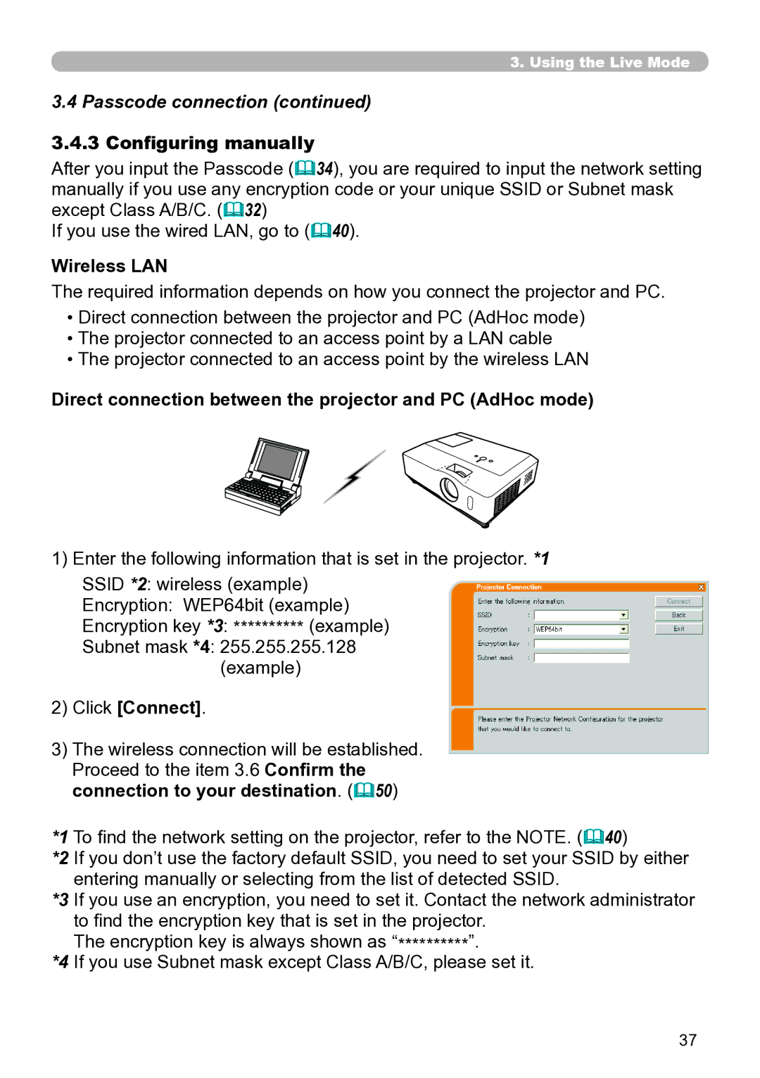 Hitachi CP-X267 user manual Configuring manually, Wireless LAN, Direct connection between the projector and PC AdHoc mode 