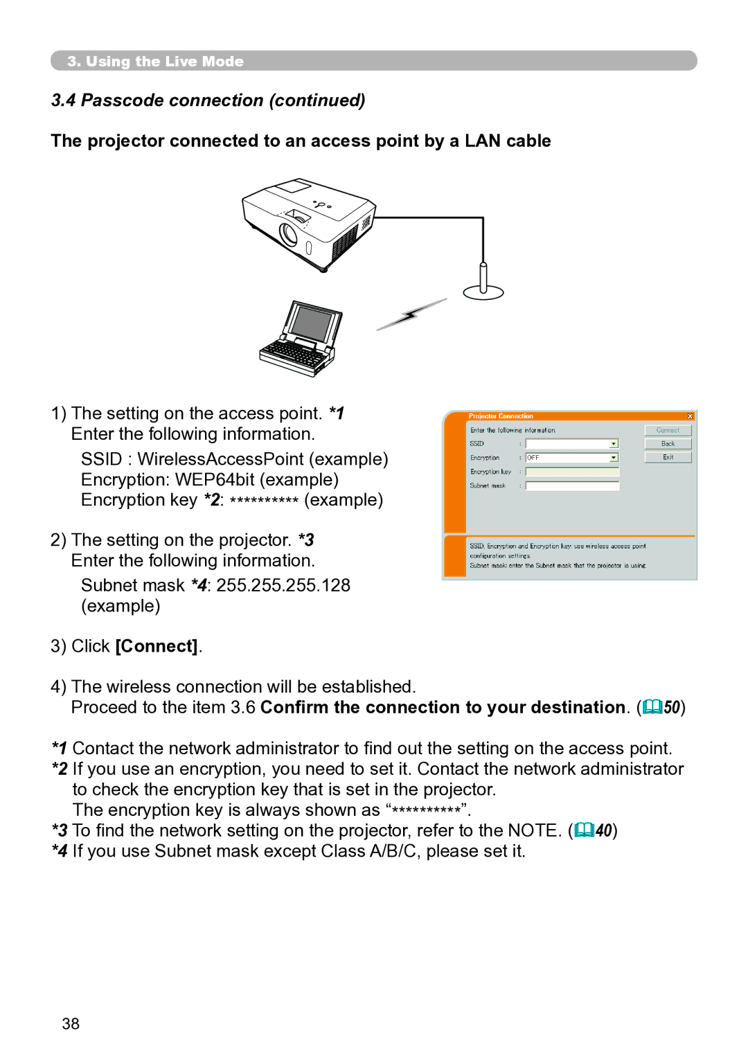 Hitachi CP-X267 user manual Projector connected to an access point by a LAN cable, Wireless connection will be established 