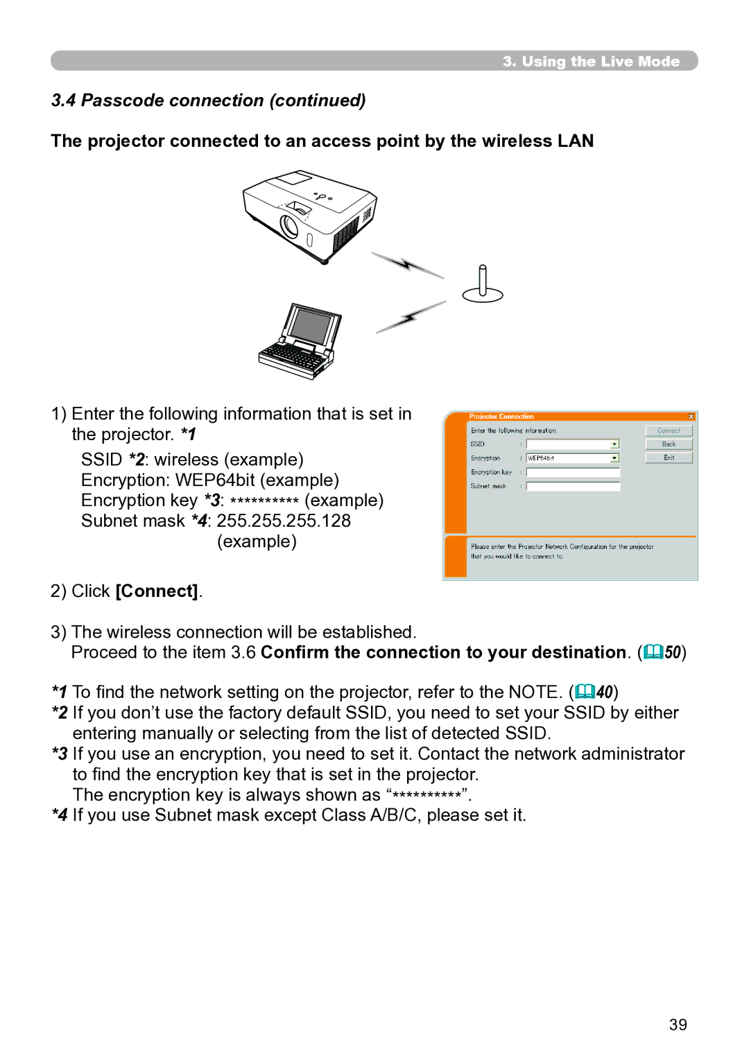 Hitachi CP-X267 user manual Projector connected to an access point by the wireless LAN 