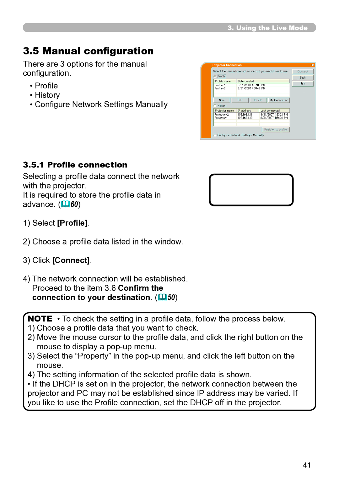 Hitachi CP-X267 Manual configuration, Profile connection, Select Profile, Choose a profile data listed in the window 