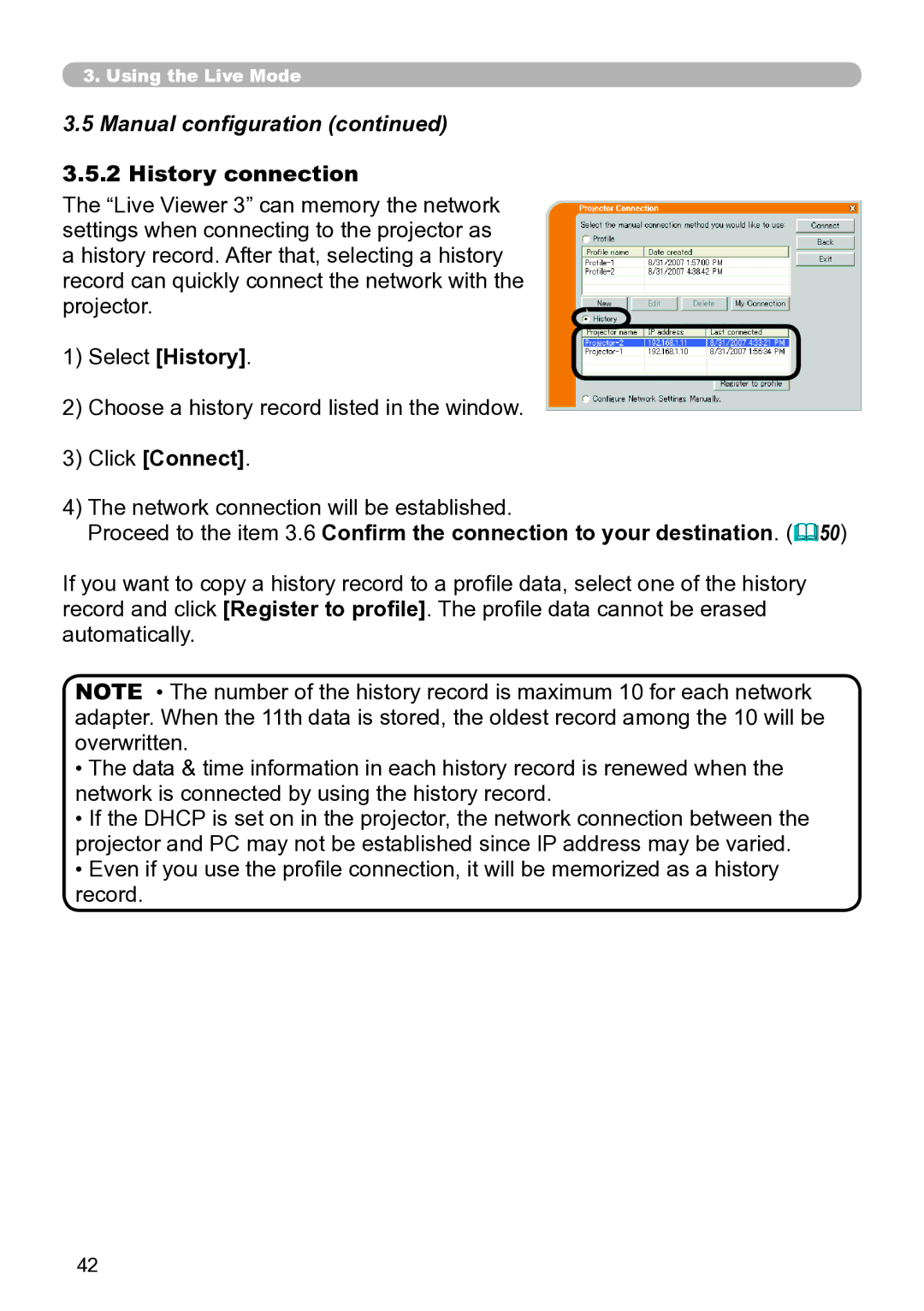 Hitachi CP-X267 user manual Manual configuration, History connection, Network connection will be established 