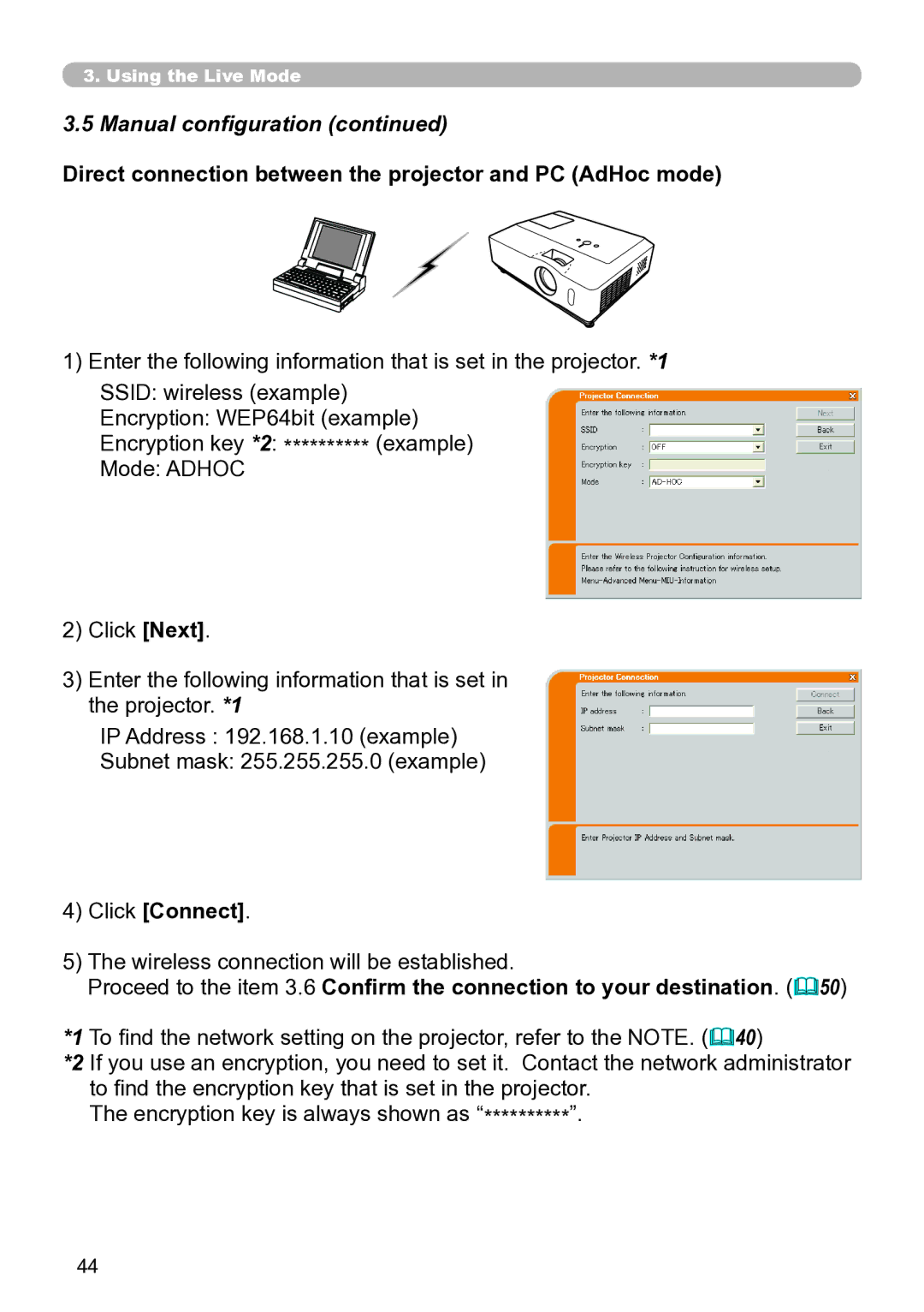 Hitachi CP-X267 user manual Direct connection between the projector and PC AdHoc mode 