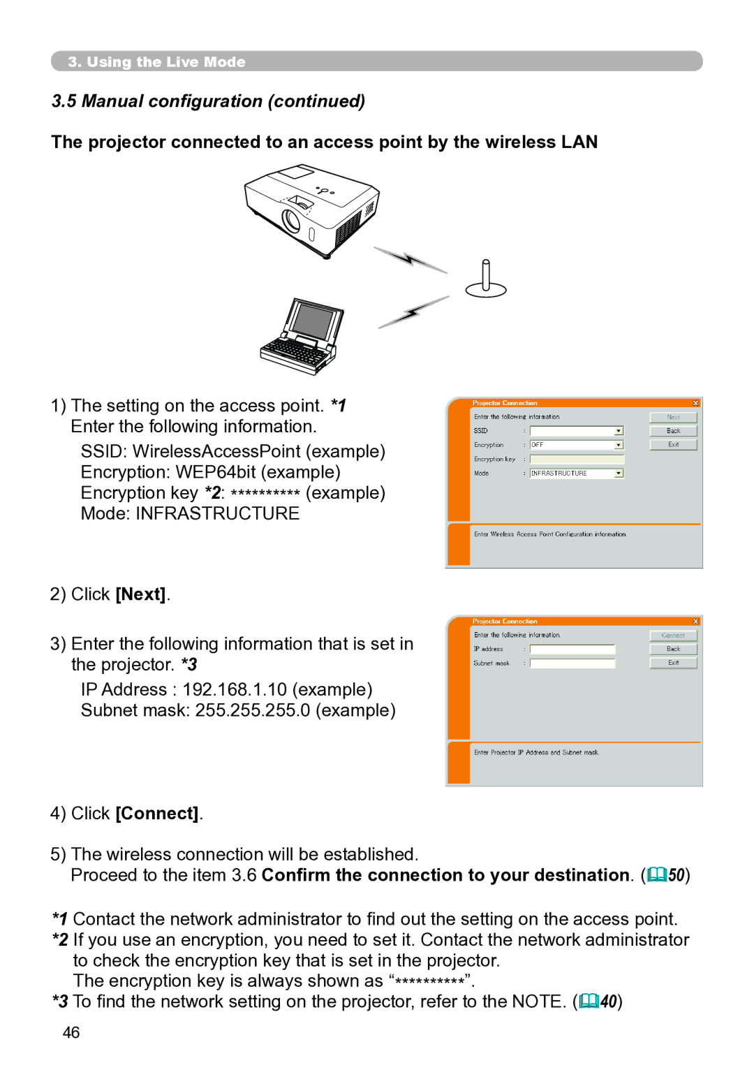 Hitachi CP-X267 user manual Projector connected to an access point by the wireless LAN 