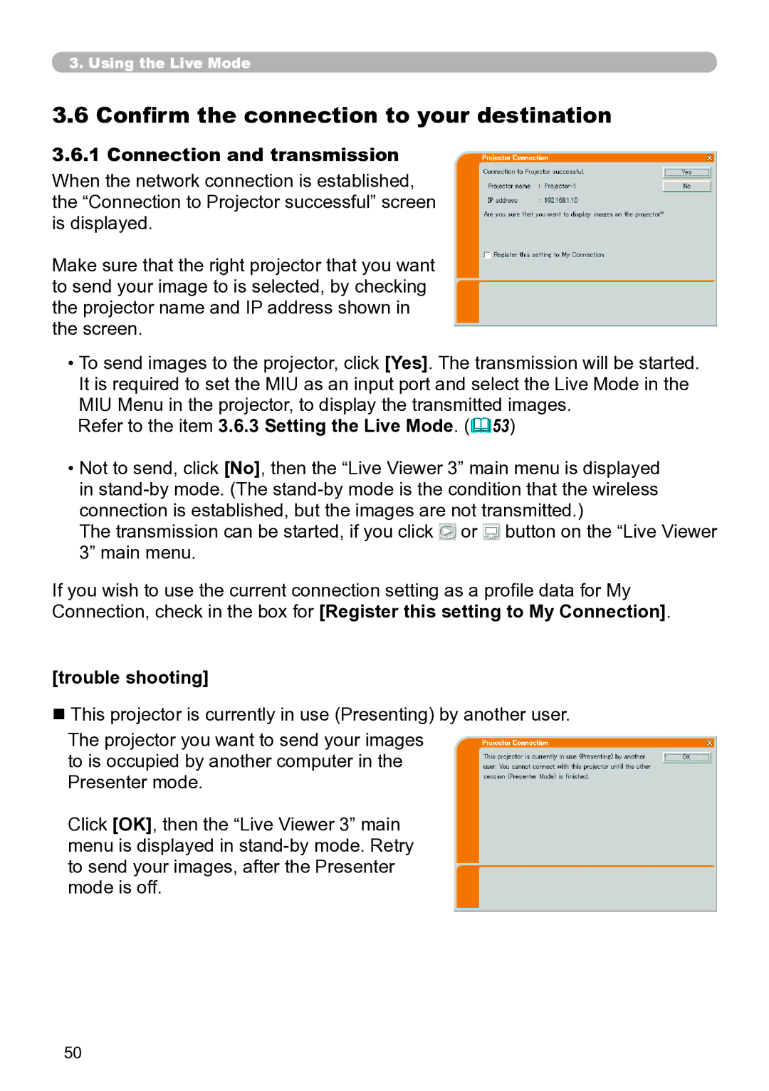 Hitachi CP-X267 user manual Confirm the connection to your destination, Connection and transmission 