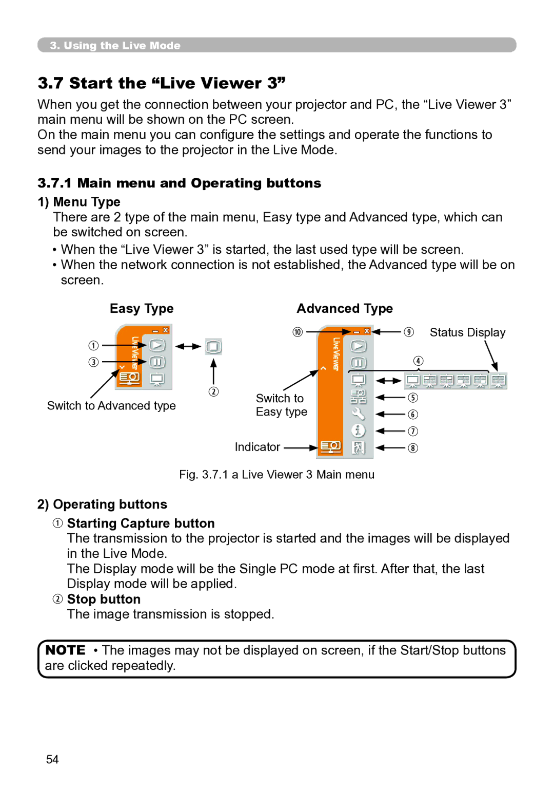 Hitachi CP-X267 Start the Live Viewer, Main menu and Operating buttons Menu Type, Easy Type Advanced Type, Stop button 