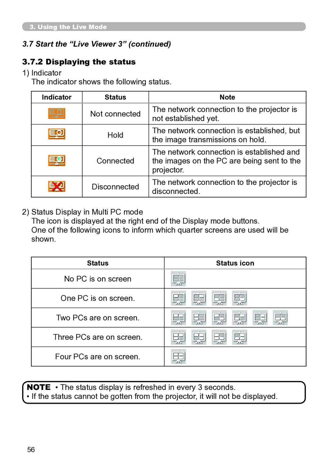 Hitachi CP-X267 user manual Displaying the status, Indicator Indicator shows the following status, Indicator Status 