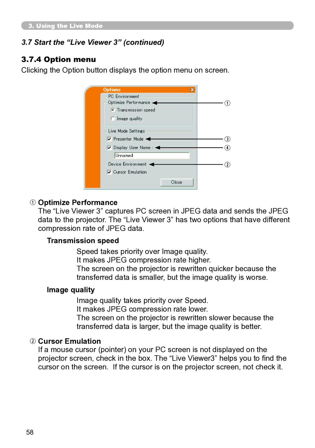 Hitachi CP-X267 user manual Option menu, Optimize Performance, Transmission speed, Image quality, Cursor Emulation 