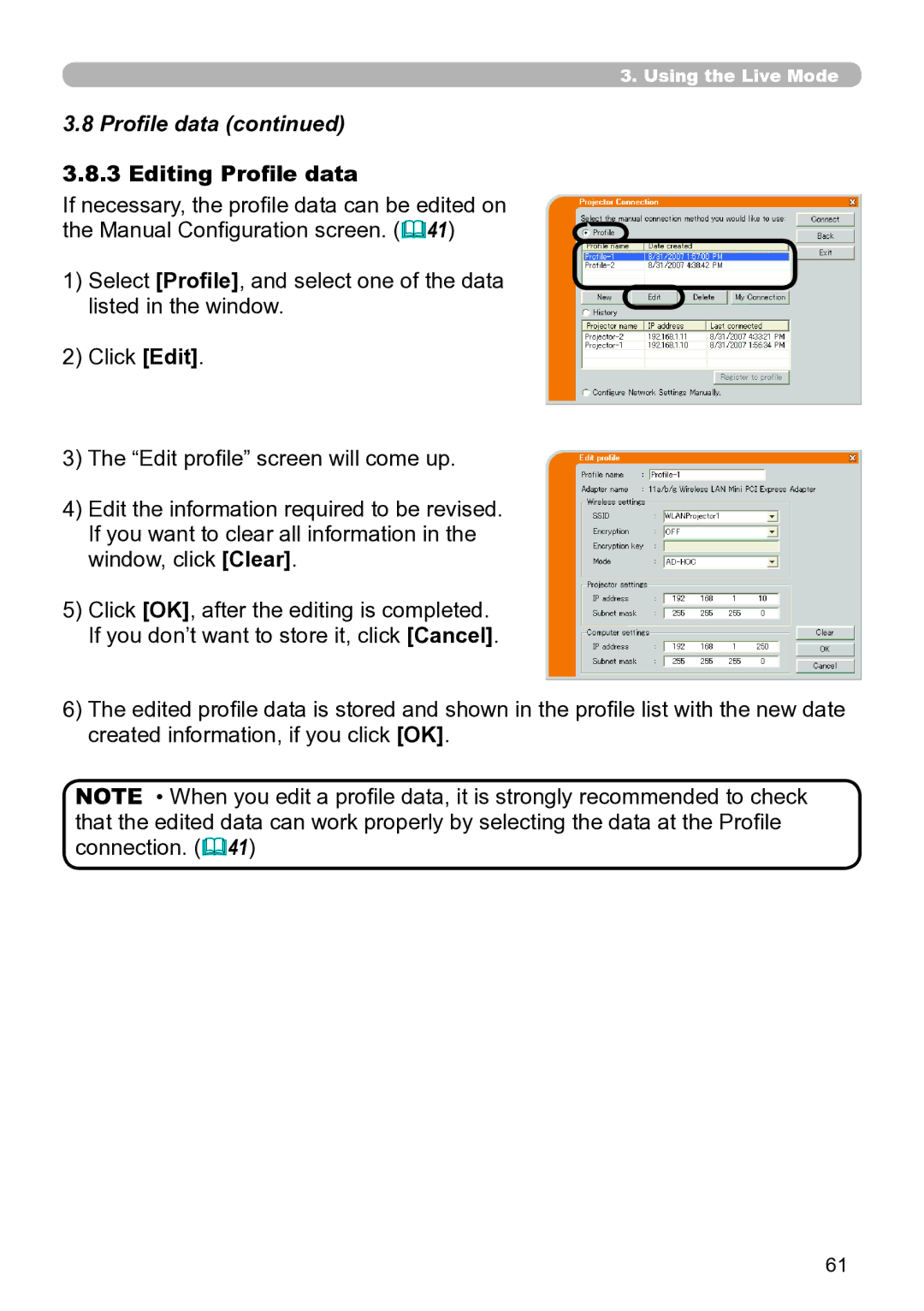 Hitachi CP-X267 user manual Editing Profile data 