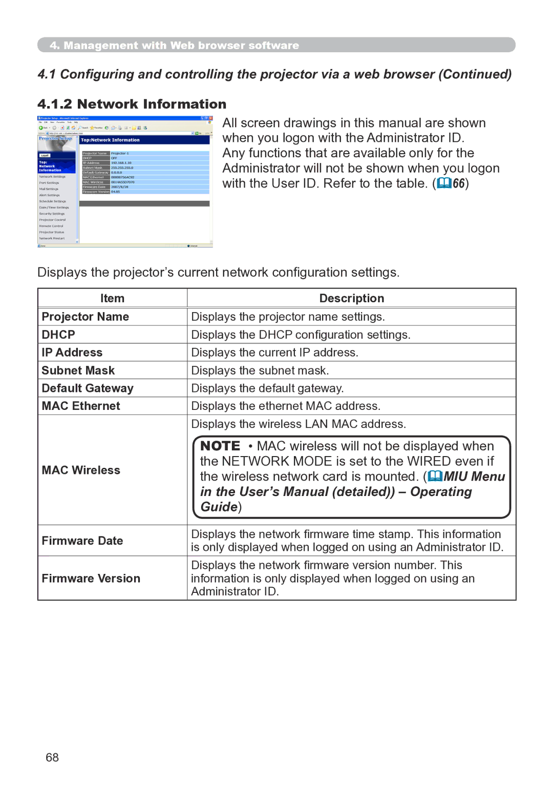 Hitachi CP-X267 Network Information, Network Mode is set to the Wired even if, Wireless network card is mounted. MIU Menu 