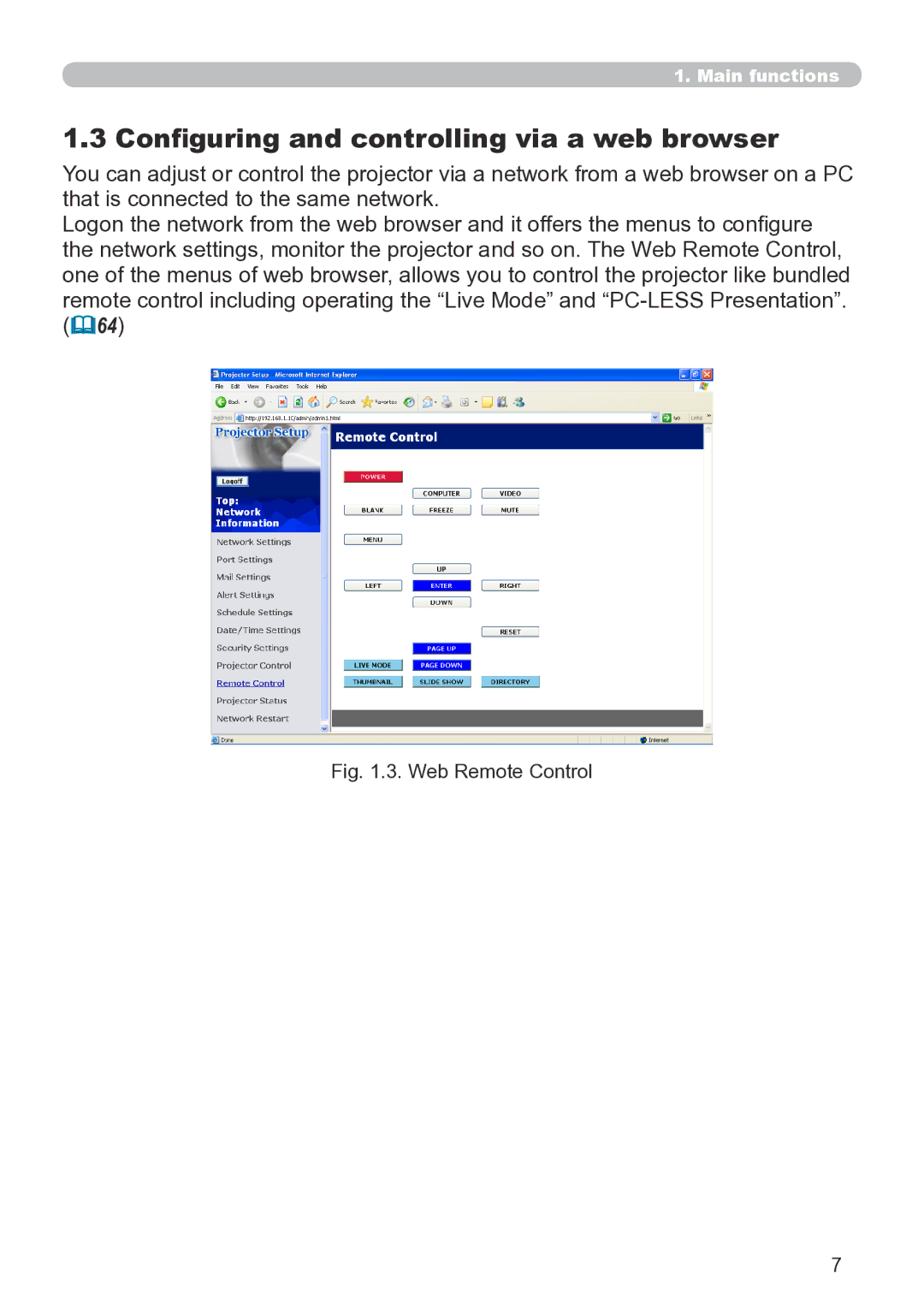 Hitachi CP-X267 user manual Configuring and controlling via a web browser, Web Remote Control 