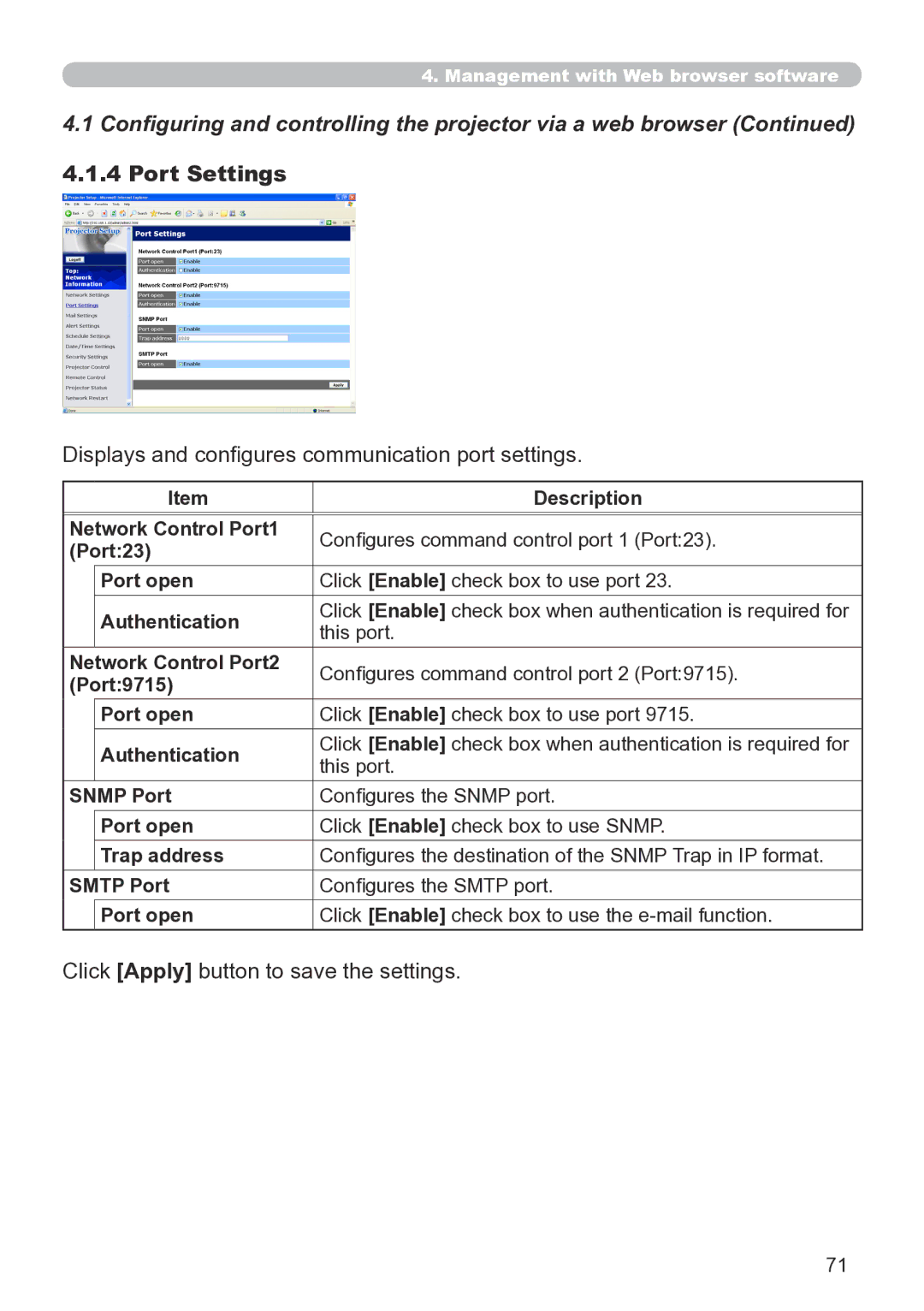 Hitachi CP-X267 user manual Port Settings, Displays and configures communication port settings 