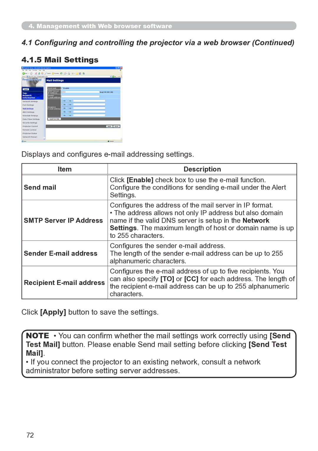 Hitachi CP-X267 user manual Mail Settings, Displays and configures e-mail addressing settings 