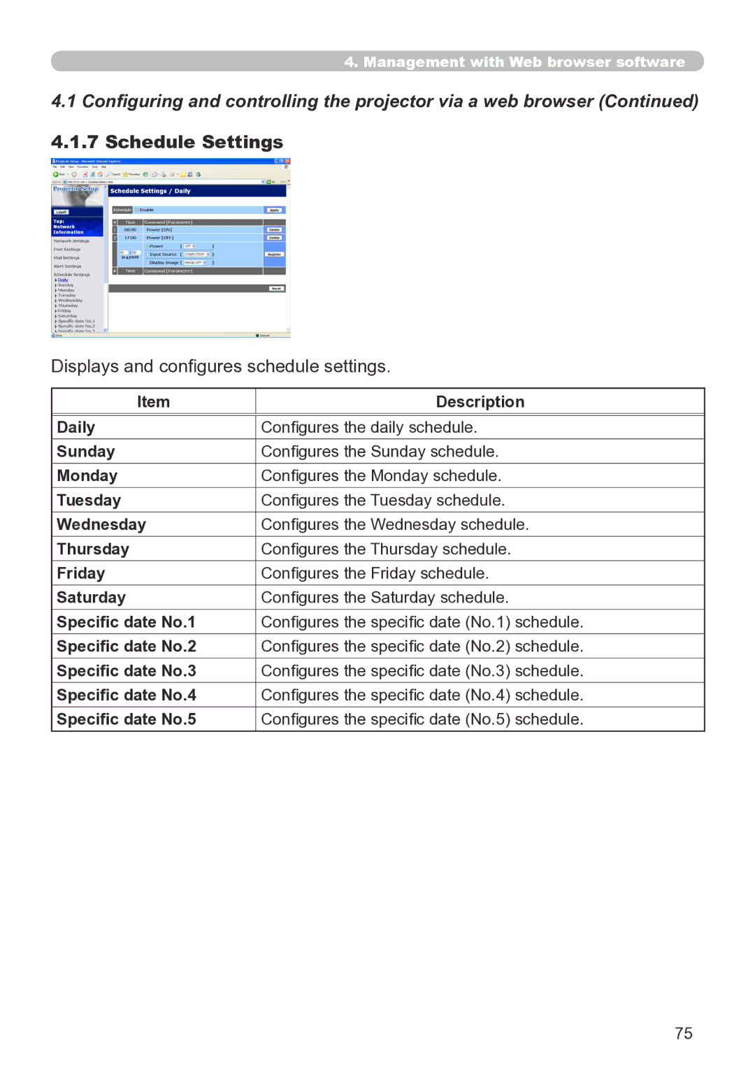 Hitachi CP-X267 user manual Schedule Settings, Displays and configures schedule settings 