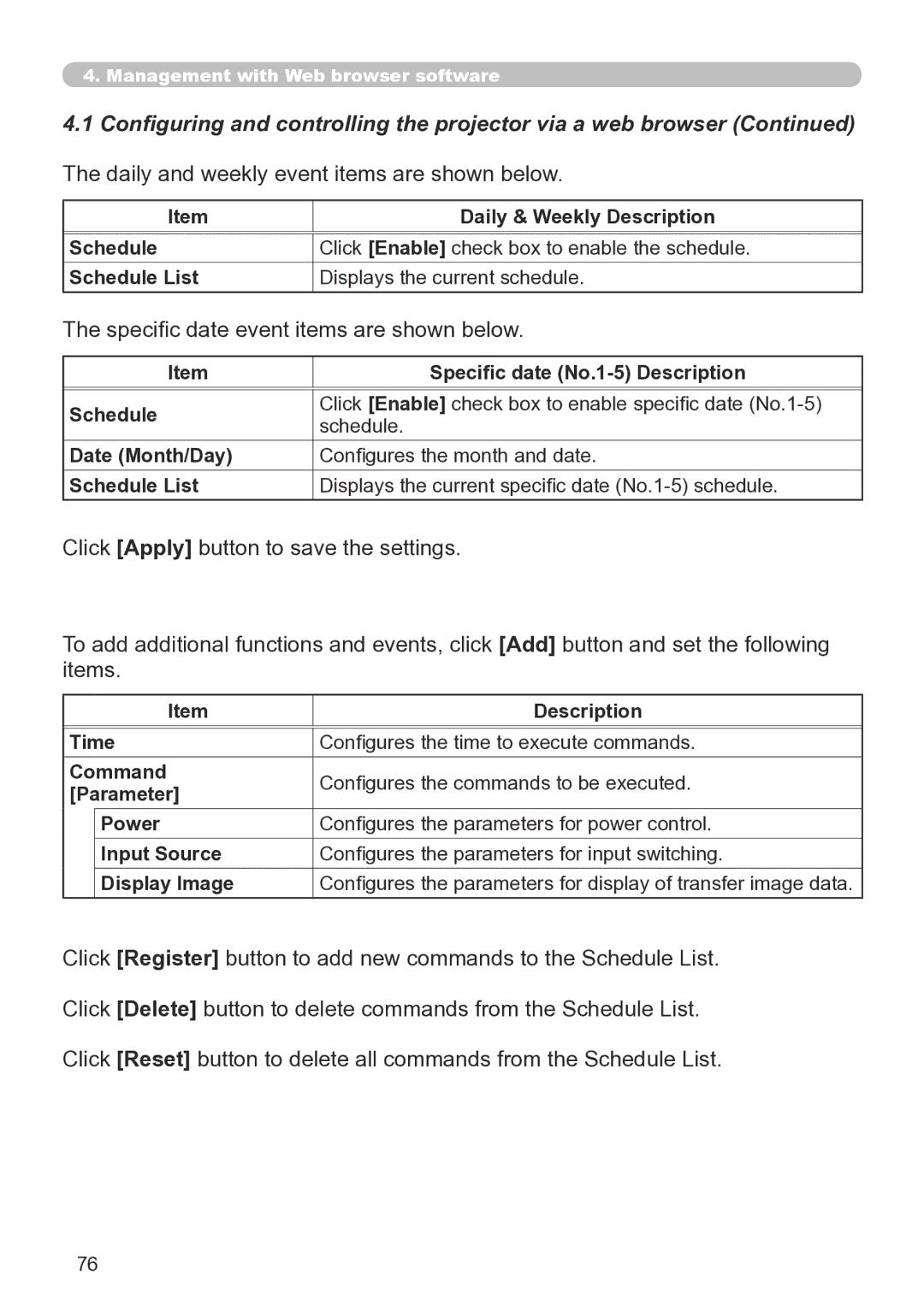 Hitachi CP-X267 user manual Daily and weekly event items are shown below, Specific date event items are shown below 