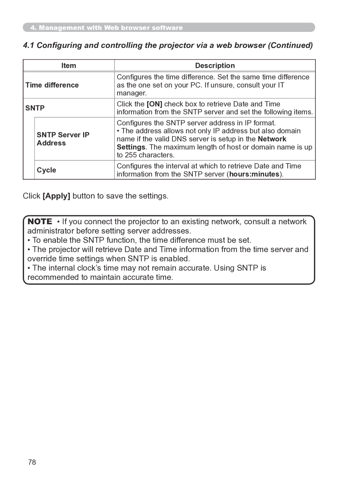 Hitachi CP-X267 user manual Time difference, Sntp Server IP, Address, Cycle 