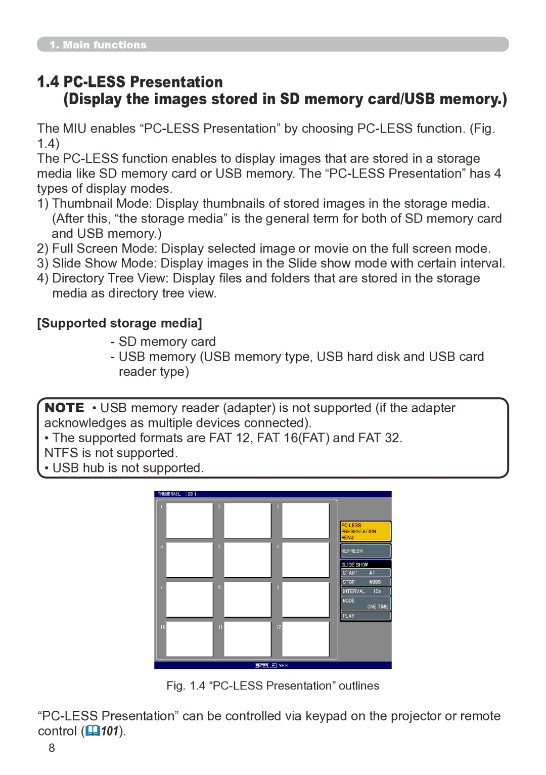 Hitachi CP-X267 user manual PC-LESS Presentation, Supported storage media 