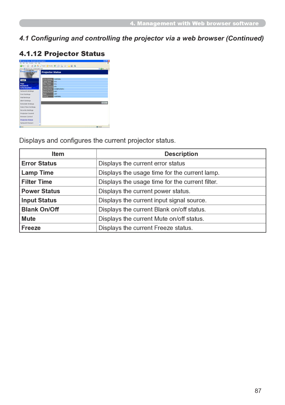 Hitachi CP-X267 user manual Projector Status, Displays and configures the current projector status 