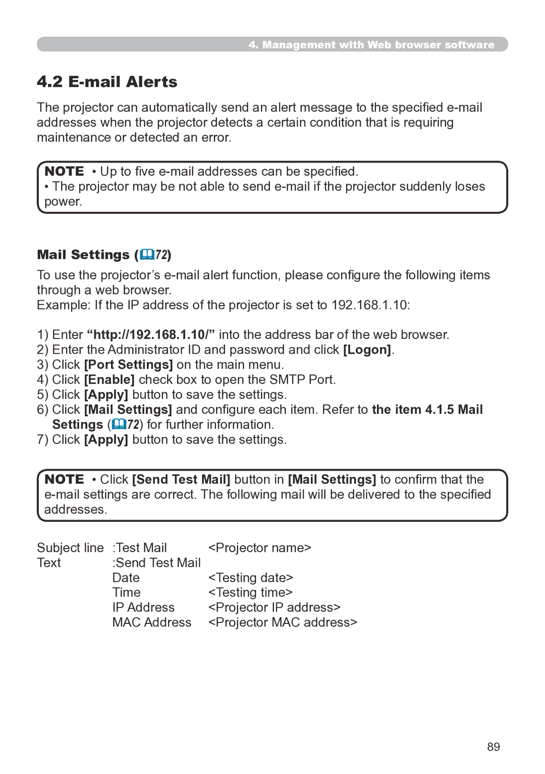 Hitachi CP-X267 user manual Mail Alerts, Mail Settings 72 