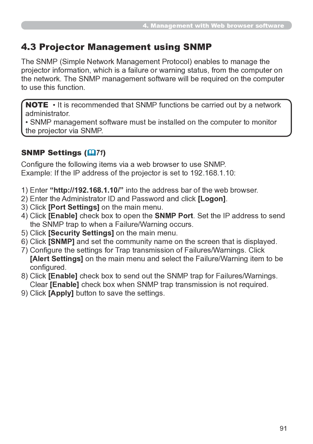 Hitachi CP-X267 user manual Projector Management using Snmp, Snmp Settings 71 