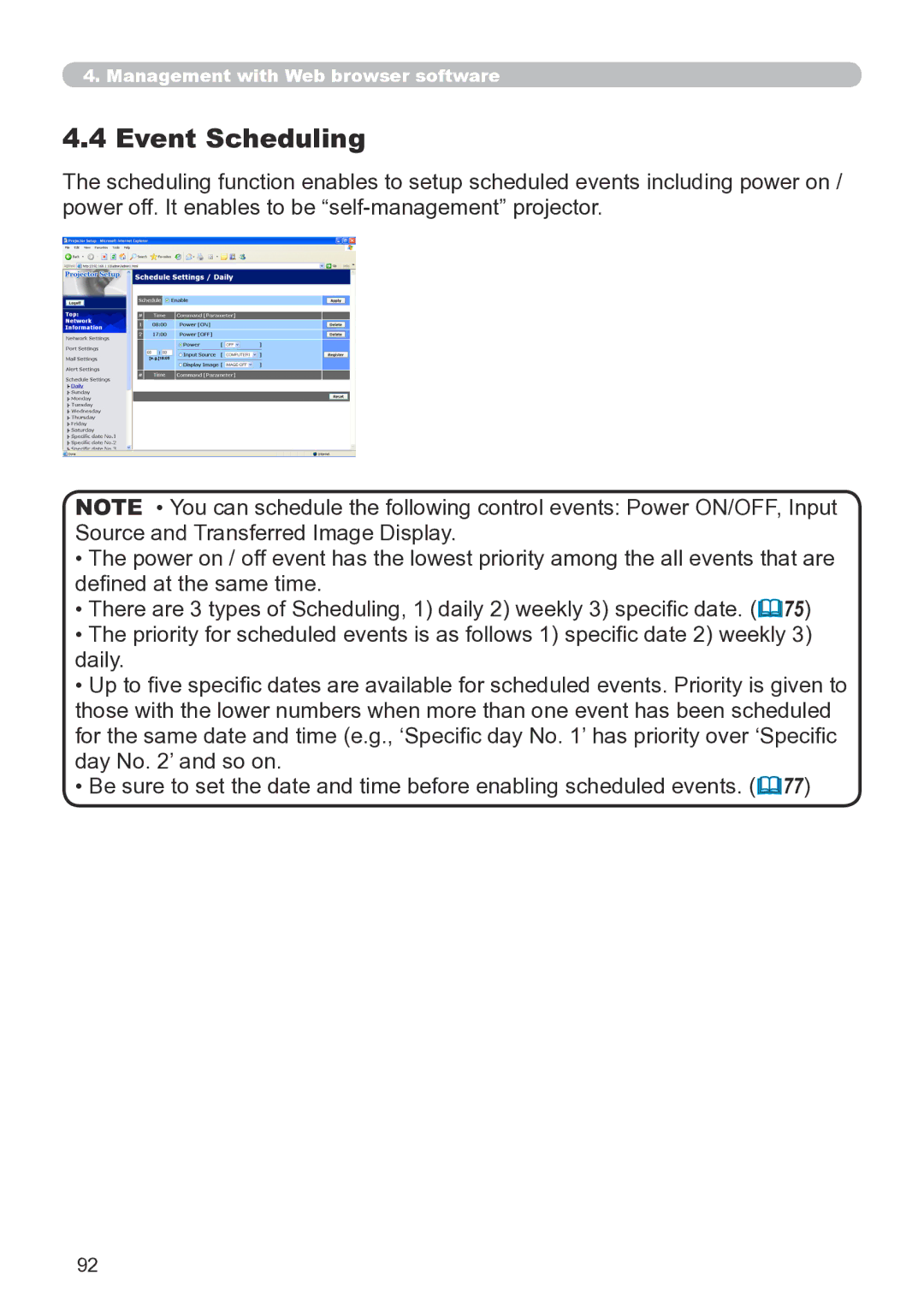 Hitachi CP-X267 user manual Event Scheduling 