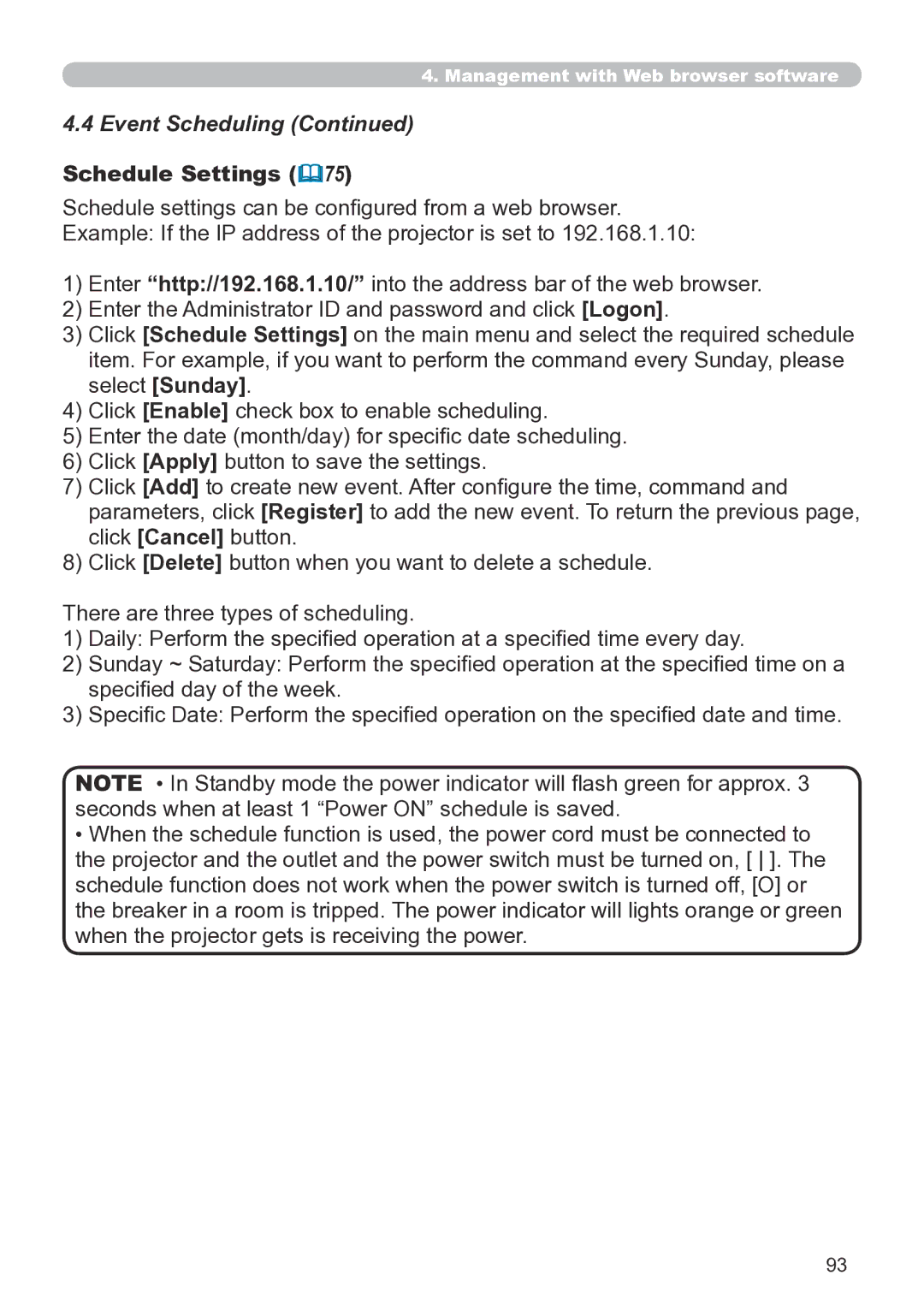 Hitachi CP-X267 user manual Event Scheduling, Schedule Settings 75 