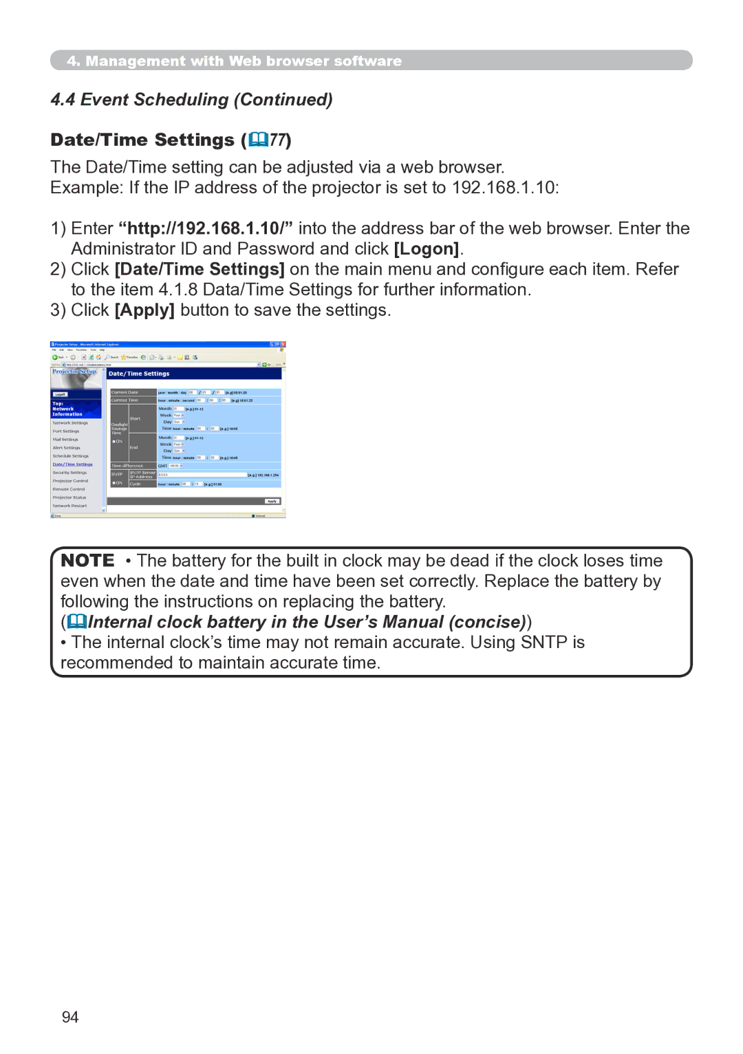 Hitachi CP-X267 user manual Date/Time Settings 77, Internal clock battery in the User’s Manual concise 