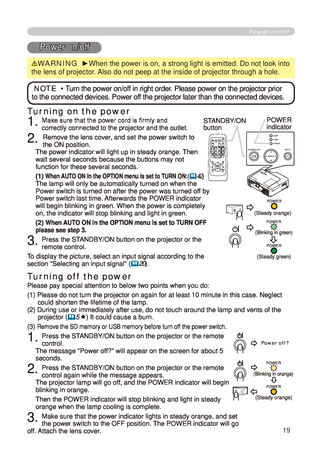 Hitachi CP-X268A user manual Power on/off, Turning on the power, Turning off the power 